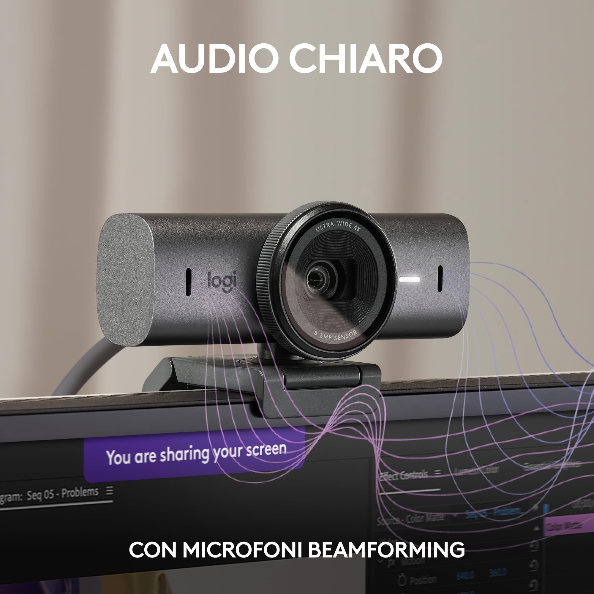 Logitech MX Brio per collaborazione e streaming Ultra HD 4K, 1080p a 60 FPS, due microfoni con riduzione del rumore, Show Mode, USB-C, copertura webcam, Microsoft Teams, Zoom, Google Meet, Grafite