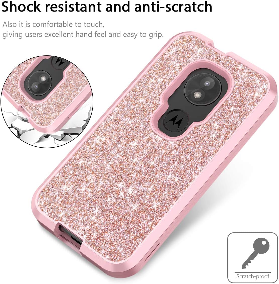 WeLoveCase Moto E5 Play Case, Moto E5 Cruise Case Luxury Glitter Sparkle 3 in 1 Shockproof Three Layer Heavy Duty Hybrid Protective Cover Case for Motorola Moto E5 Play, Moto E5 Cruise Rose Gold/Pink