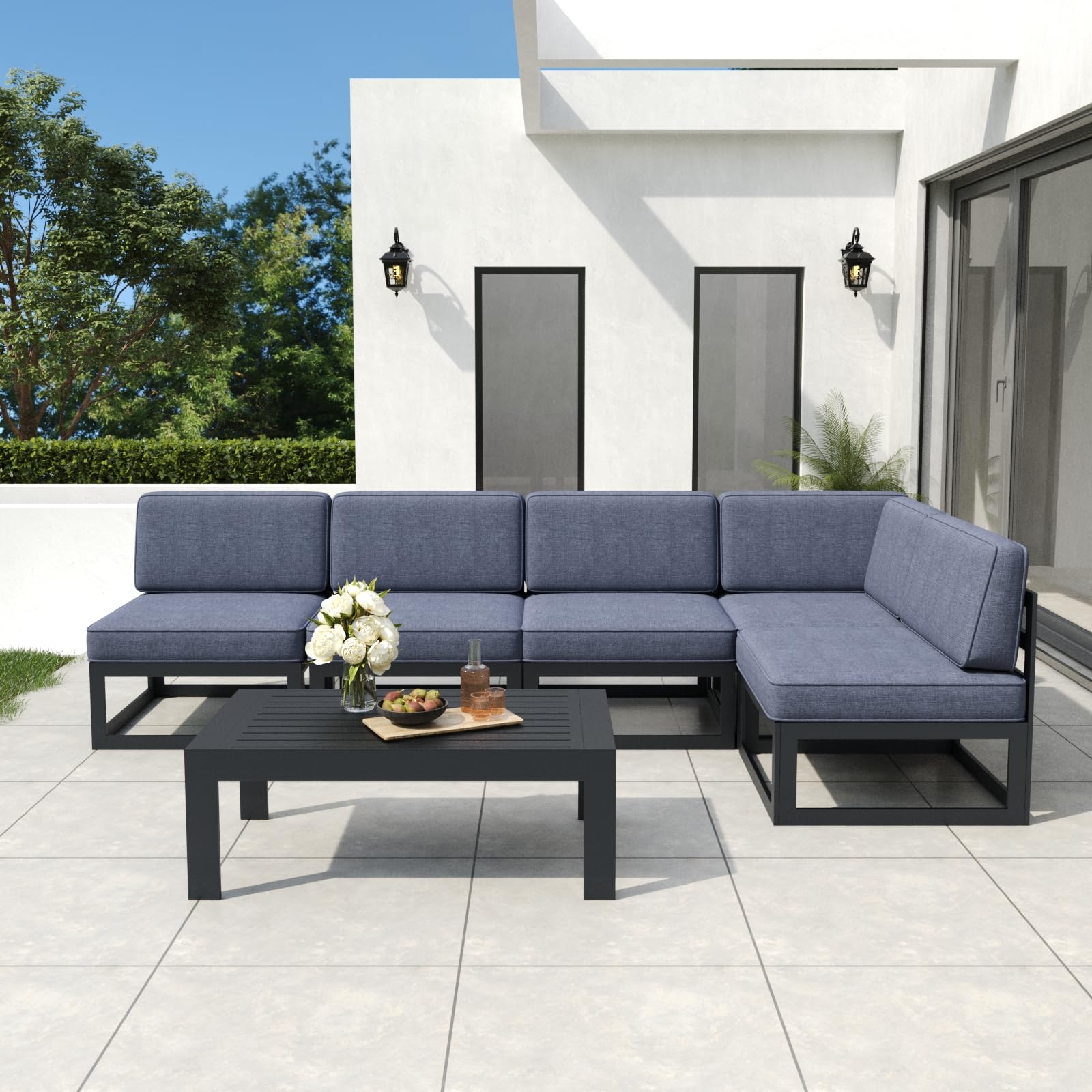 Vakollia 6 Pieces Aluminum Patio Furniture Set with Coffee Table, Metal Outdoor Conversation Sofa Set with Seating Cushions