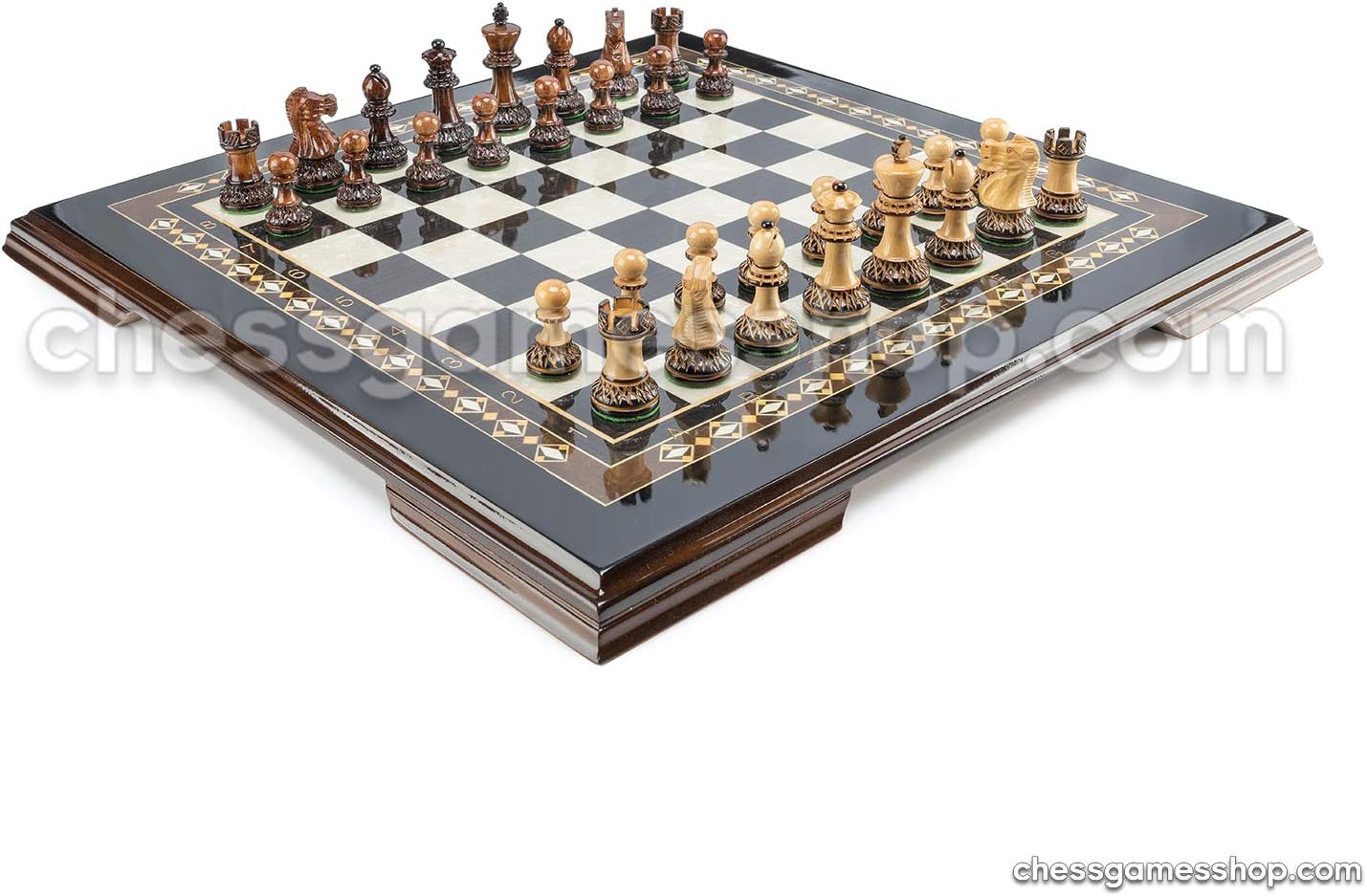 Handmade Wooden Chess Set Dubrovnik Zagreb Burnt Black - Wooden Chessmen, Mosaic Luxury Chess Board