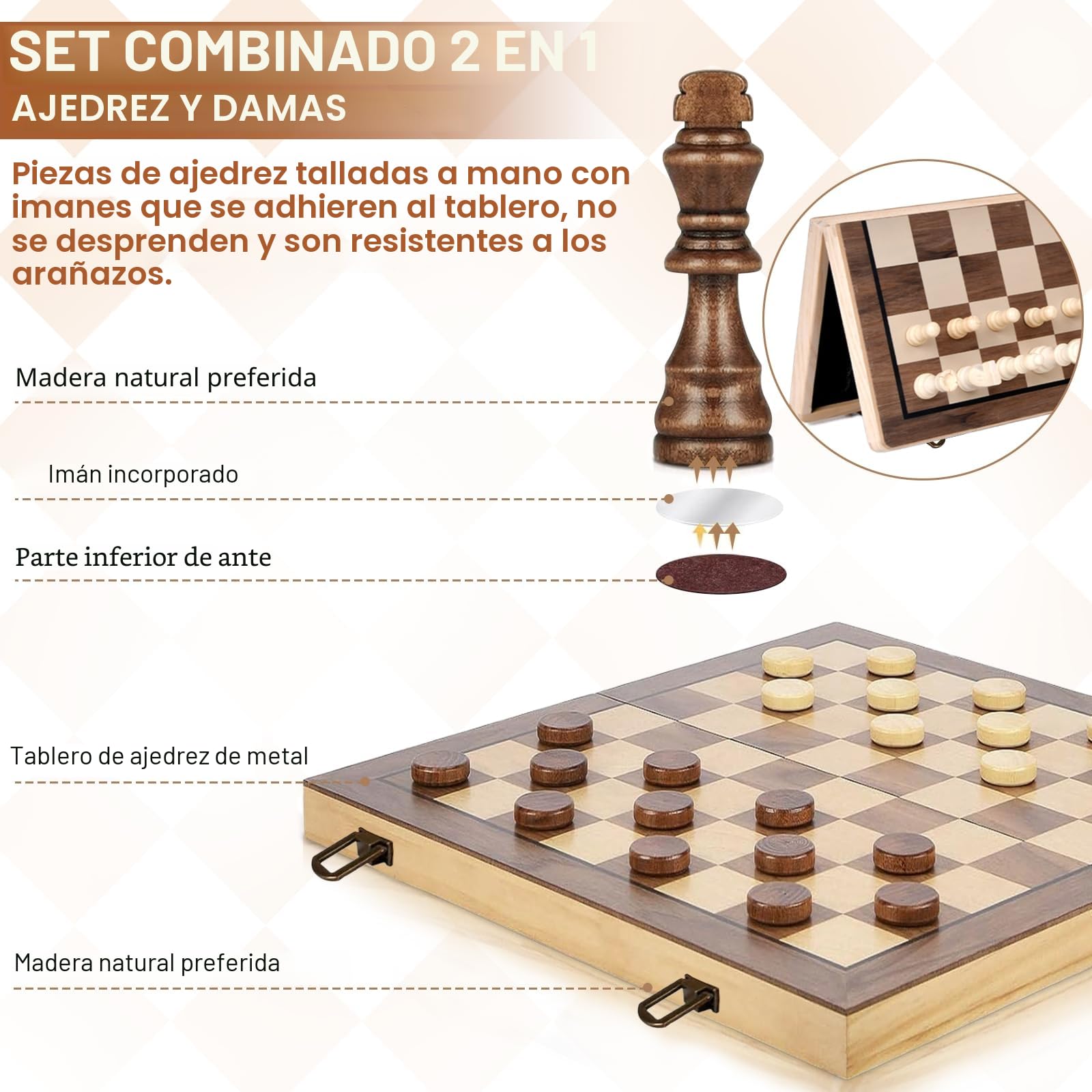 2 En 1 Ajedrez, 39x39cm Juego de Ajedrez,Tablero Ajedrez Magnetico, Tablero Ajedrez Madera Plegable, Diseño Único de Caja, y Fácil de Llevar y Almacenar, Ajedrez y Dama para Niños y Adultos