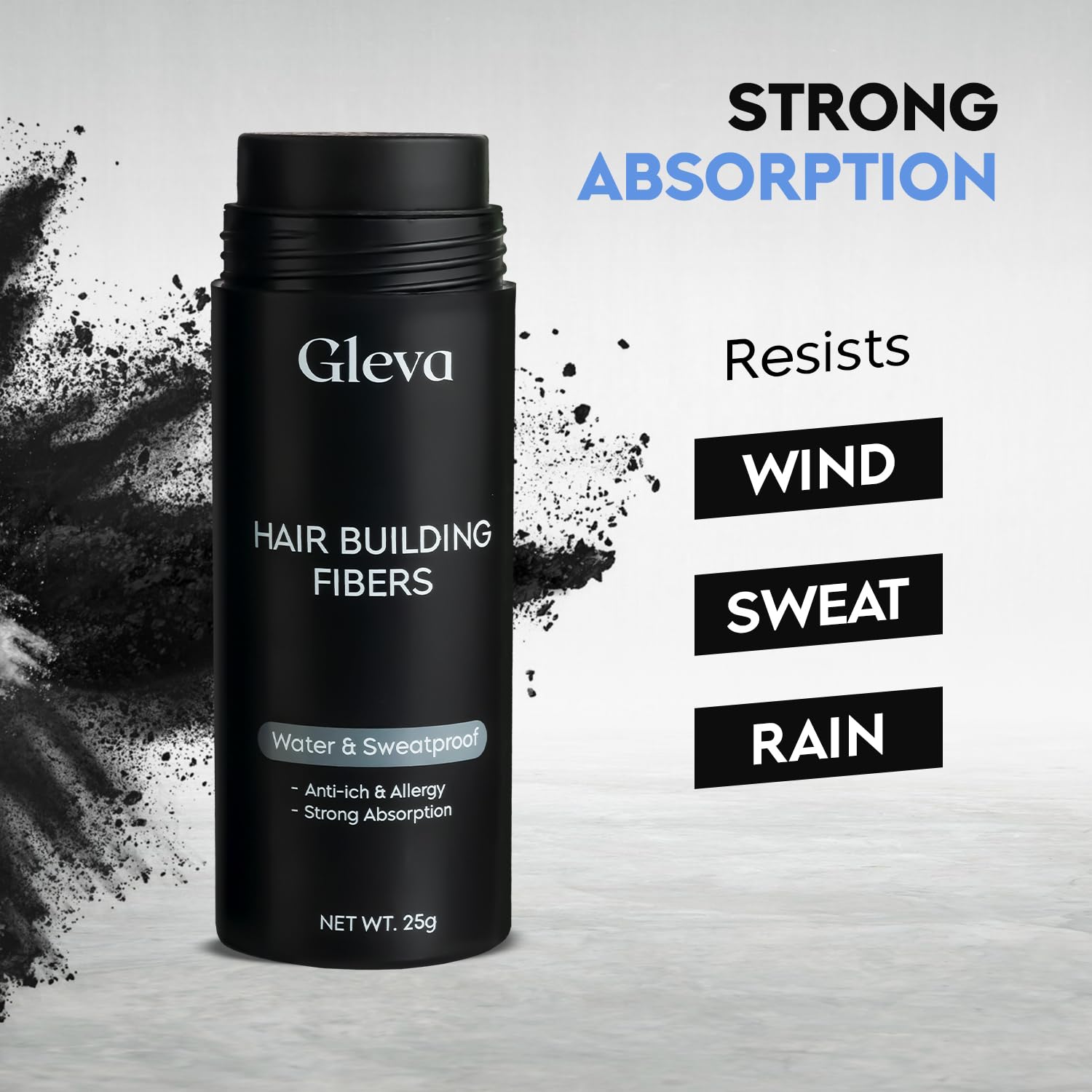 Gleva Hair Building Fibers - Powder Thickener, Topper For Fine- Natural Filler Instantly Conceals Hair Loss - Bald Spots Filler For Women & Men (Black), 25 Grams 1