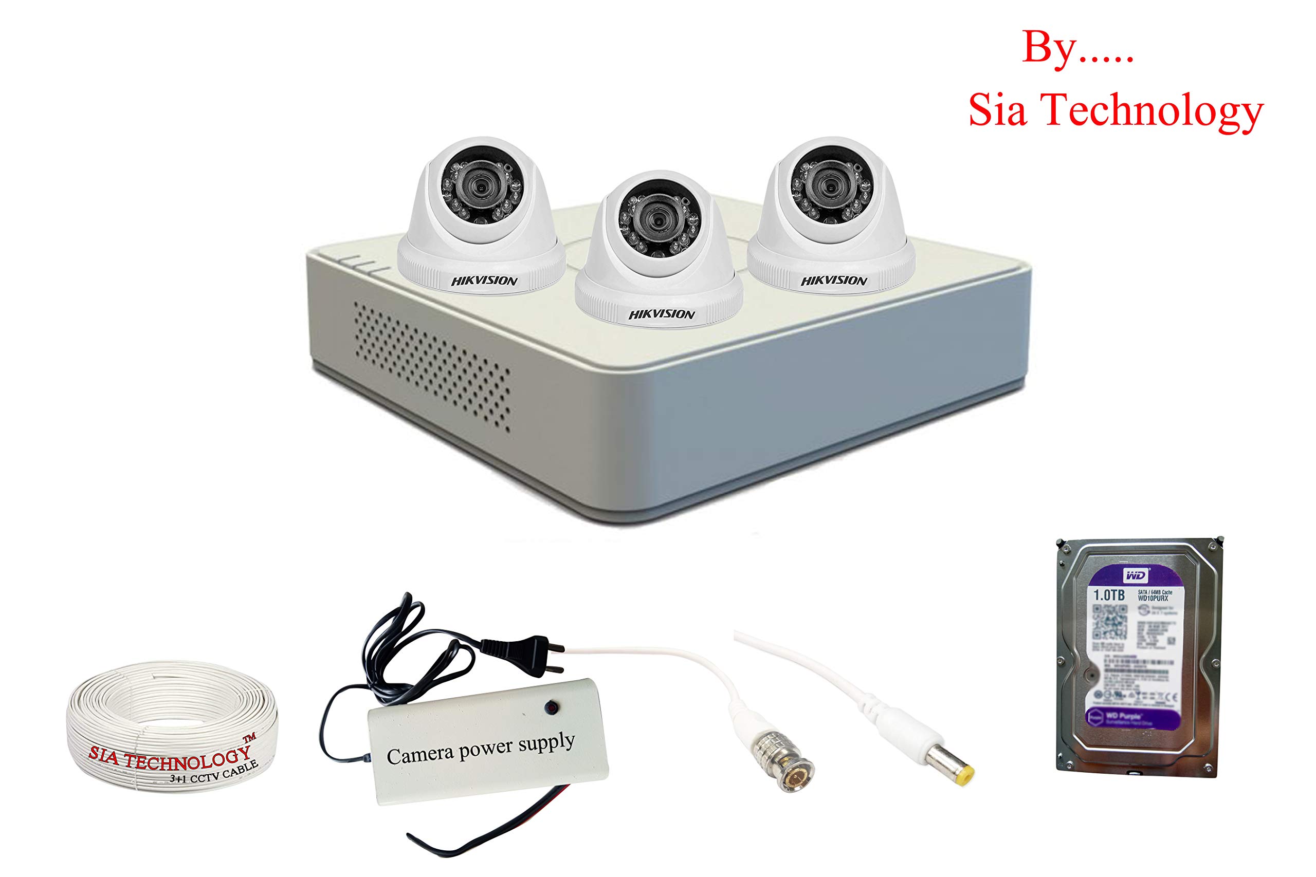 Sia Technology Hk vision 4 Ch HD DVR & 3 Dome HD Camera Combo kit, Include All Require Accessories for 3 Camera Installation
