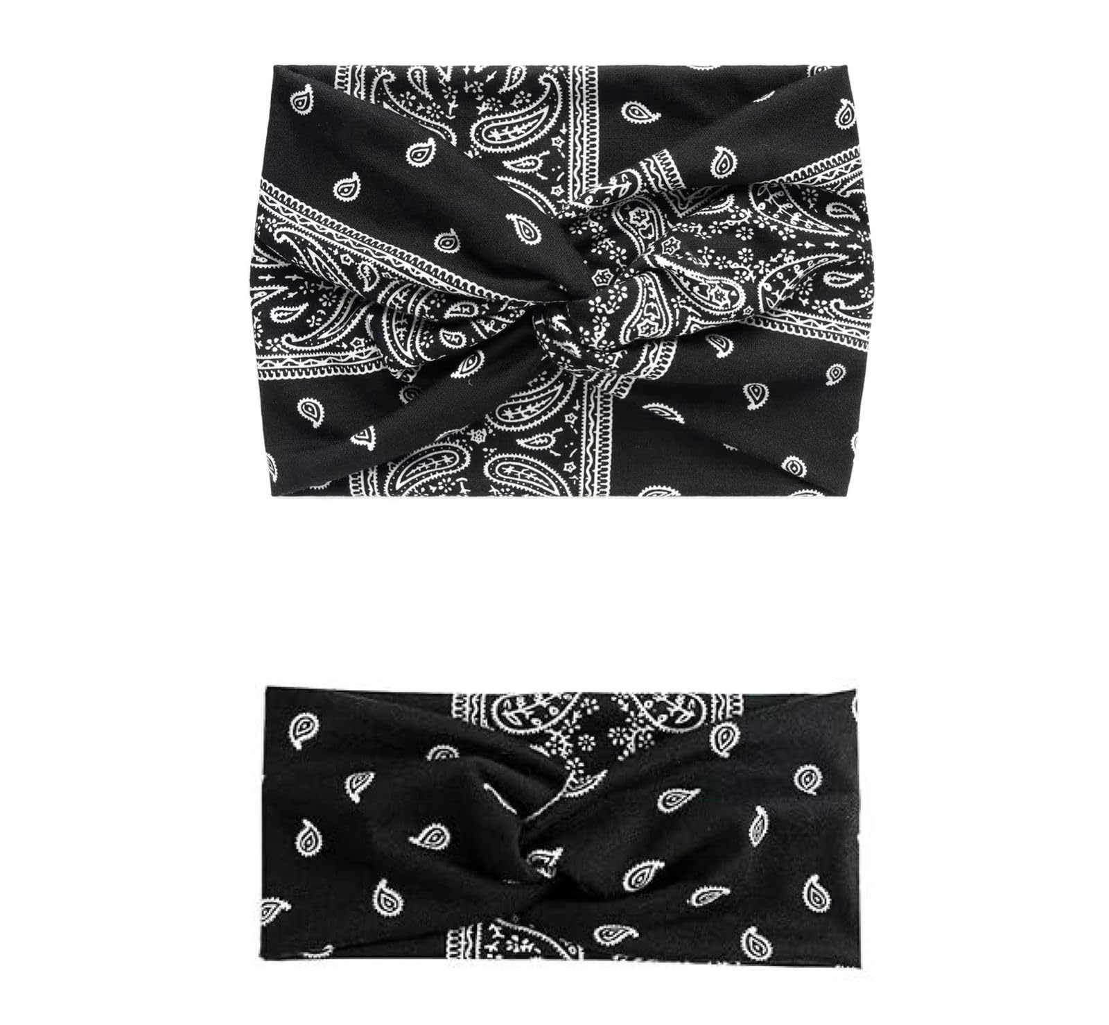 Paisley Print Knot Headband for Men & Women – Criss Cross Wide Stretch Head Wrap | Soft & Comfortable Yoga, Gym & Jogging Hair Band - Black Small & Large combo