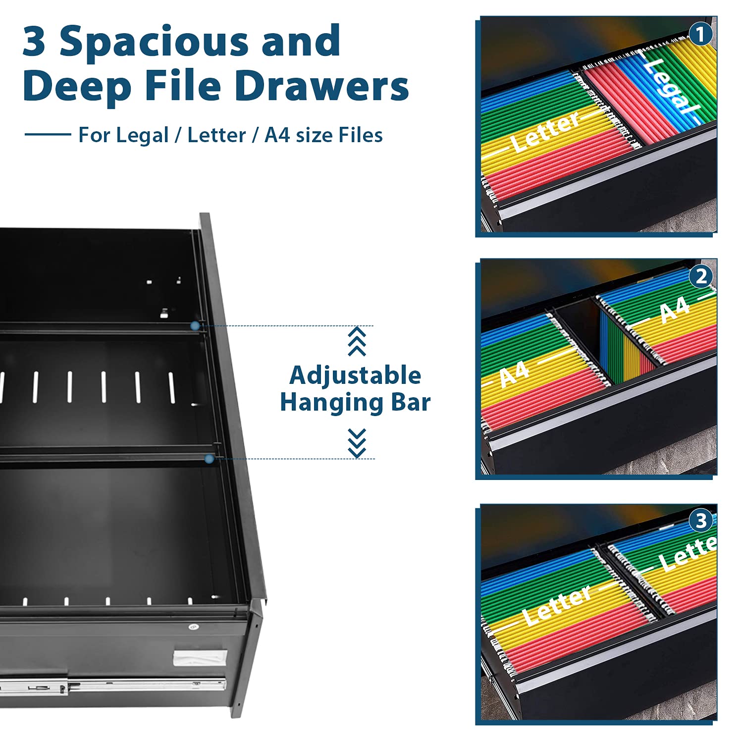 Buy 3 Drawer Lateral File with Lock, Black Lateral Filing