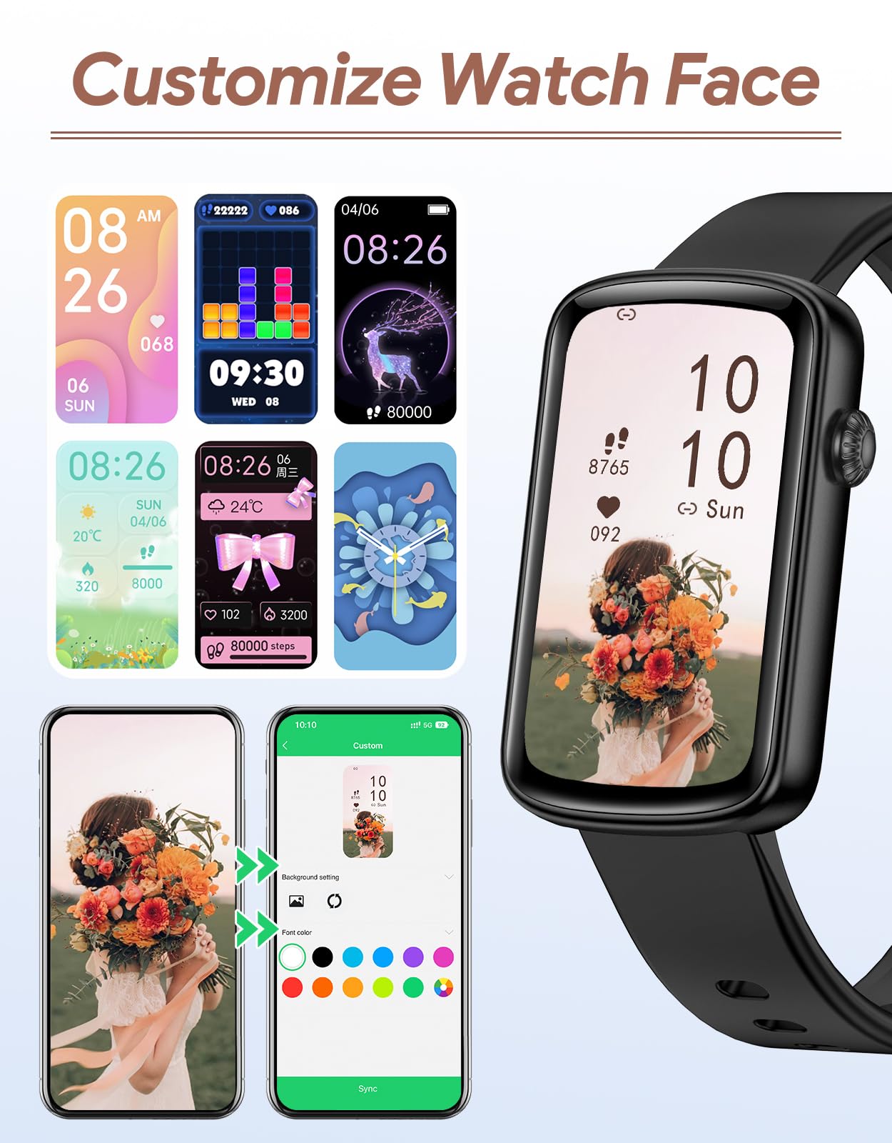Rastreador de actividad física, relojes de fitness para mujeres y hombres con monitor de frecuencia cardíaca, oxígeno en sangre y podómetro, reloj inteligente de 1.47 pulgadas, contador de calorías 6