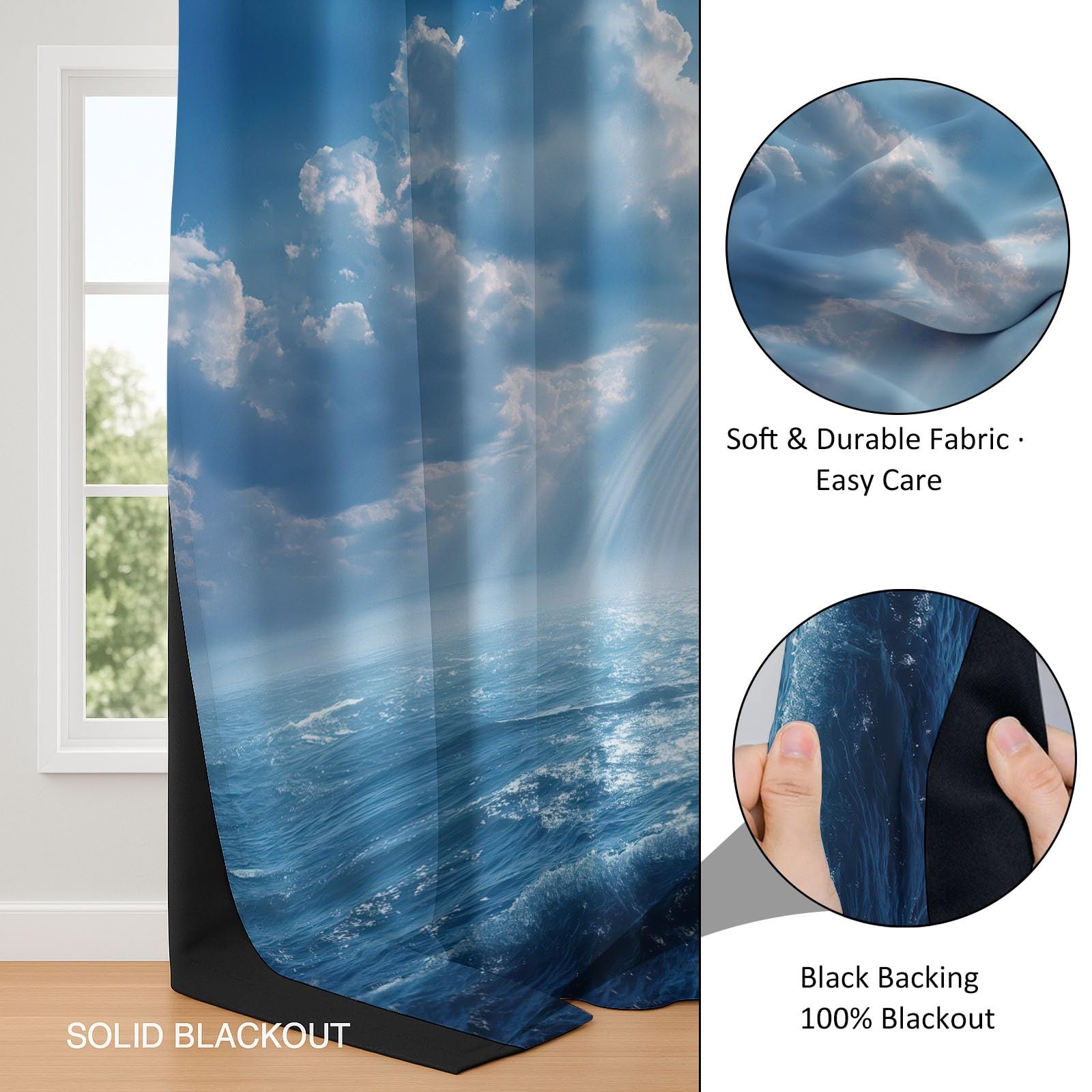 Rideaux Occultants Bleu Lot de 2 117L x 229H cm Rideaux Occultants Ciel Bleu Nuages Blancs Mer Vagues avec Isolation Thermique, Rideau en Polyester Insonorisant pour Décoration Salon Chambre