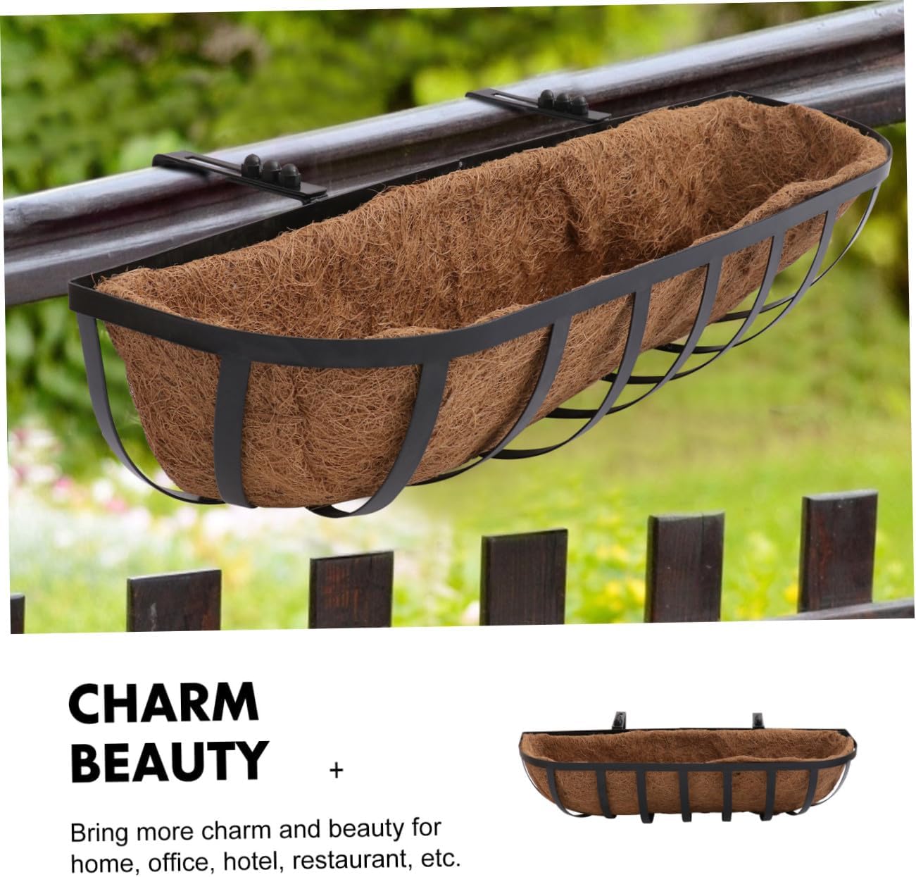 24-inch Half-Round Coconut Coir Hanging Basket Wall Planter for Balcony with Iron Art Frame, Light Brown Vertical Flower Container for Outdoor Garden and Patio Decor