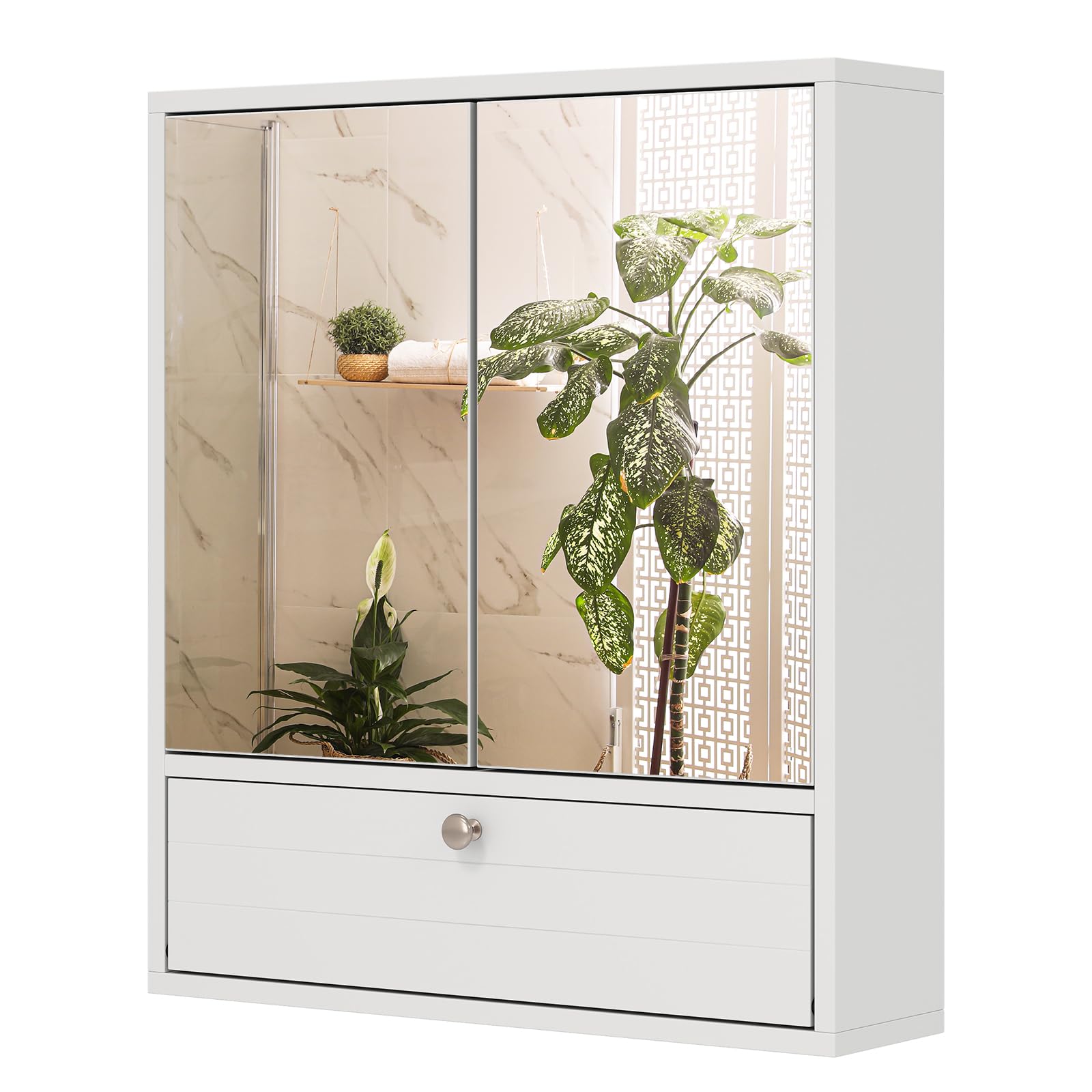 CASART Wall-Mounted Bathroom Mirror Cabinet, 2/3 Door Storage Cupboard with Shelves & Cushioning Hinges, Bath Organiser Storage for Bedroom, Living Room and Toilet (Double Door with Compartment)