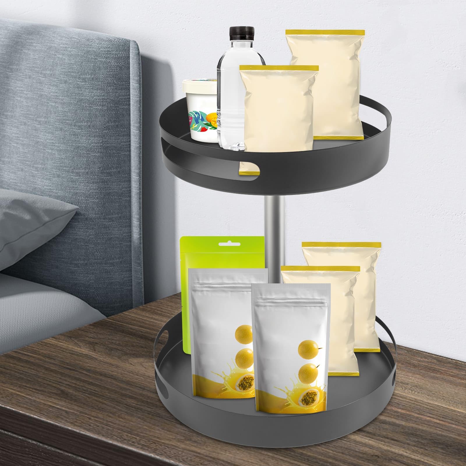 Étagère à Épices 2 Niveaux Rotative à 360°, Organisateur de Cuisine en Acier au Carbone, 30,5 x 35cm, pour Bouteilles d'assaisonnement (Noir)