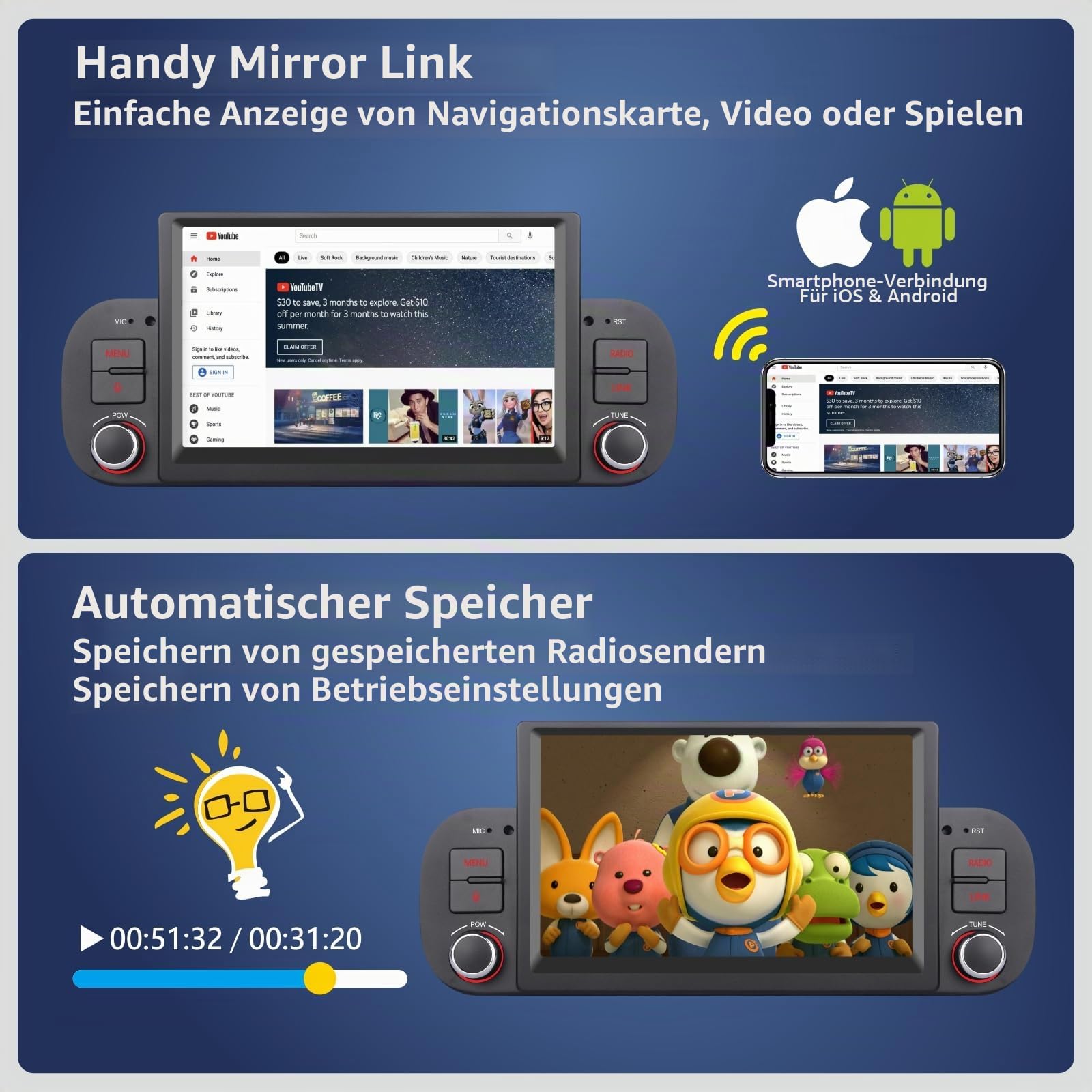Double Din Autoradio für FIAT Panda 2013-2020 Apple kabellosem Carplay und Android Auto Sprachsteuerung mit 7 Zoll IPS/GPS Navi/Bluetooth/FM/AM/USB/EQ/Touch Display