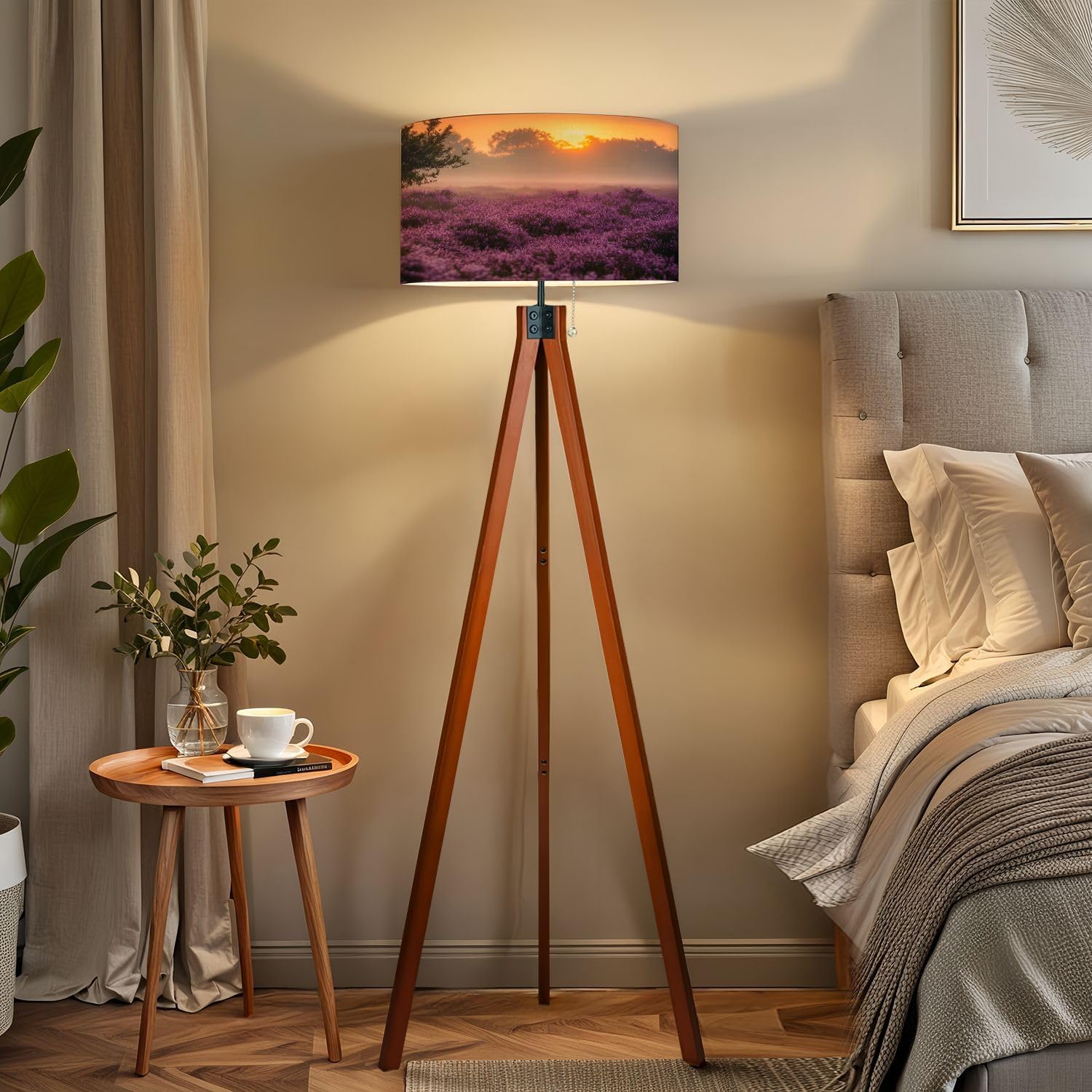 Wood Tripod Floor Lamp Blooming Heather fields purple pink heather bloom blooming heater Mid Century Standing Lamp Linen Shade Dimmable Modern Tall lamp Home Decor for Living Room Bedroom Office