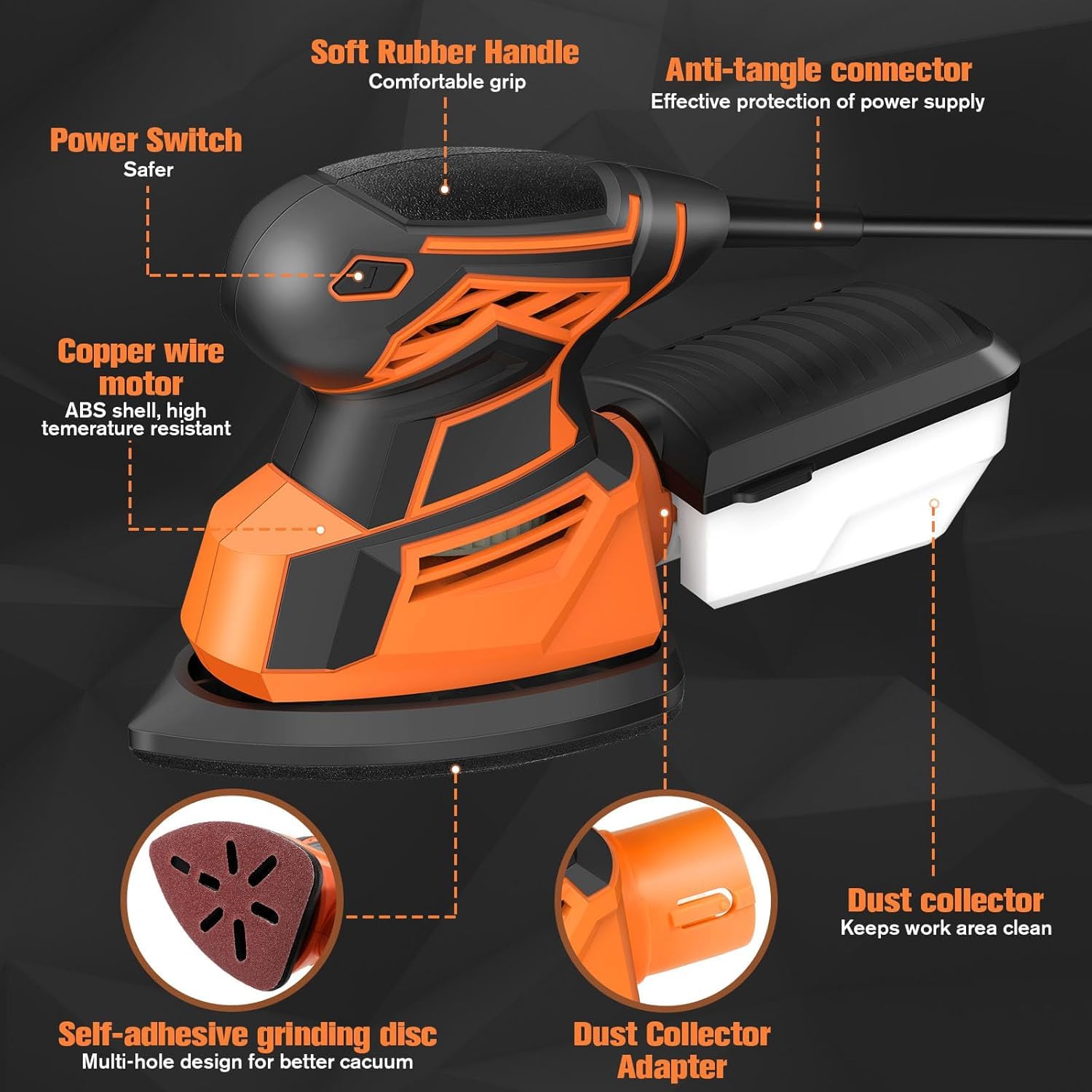 Vibrante Ponceuse Electrique 14000 tr/min Multifonction avec Ramassage de la Poussière, 24PCS Papiers Abrasifs, 130W Ponceuse Triangulaire pour Ponceuse de détail du Métal et du Bois