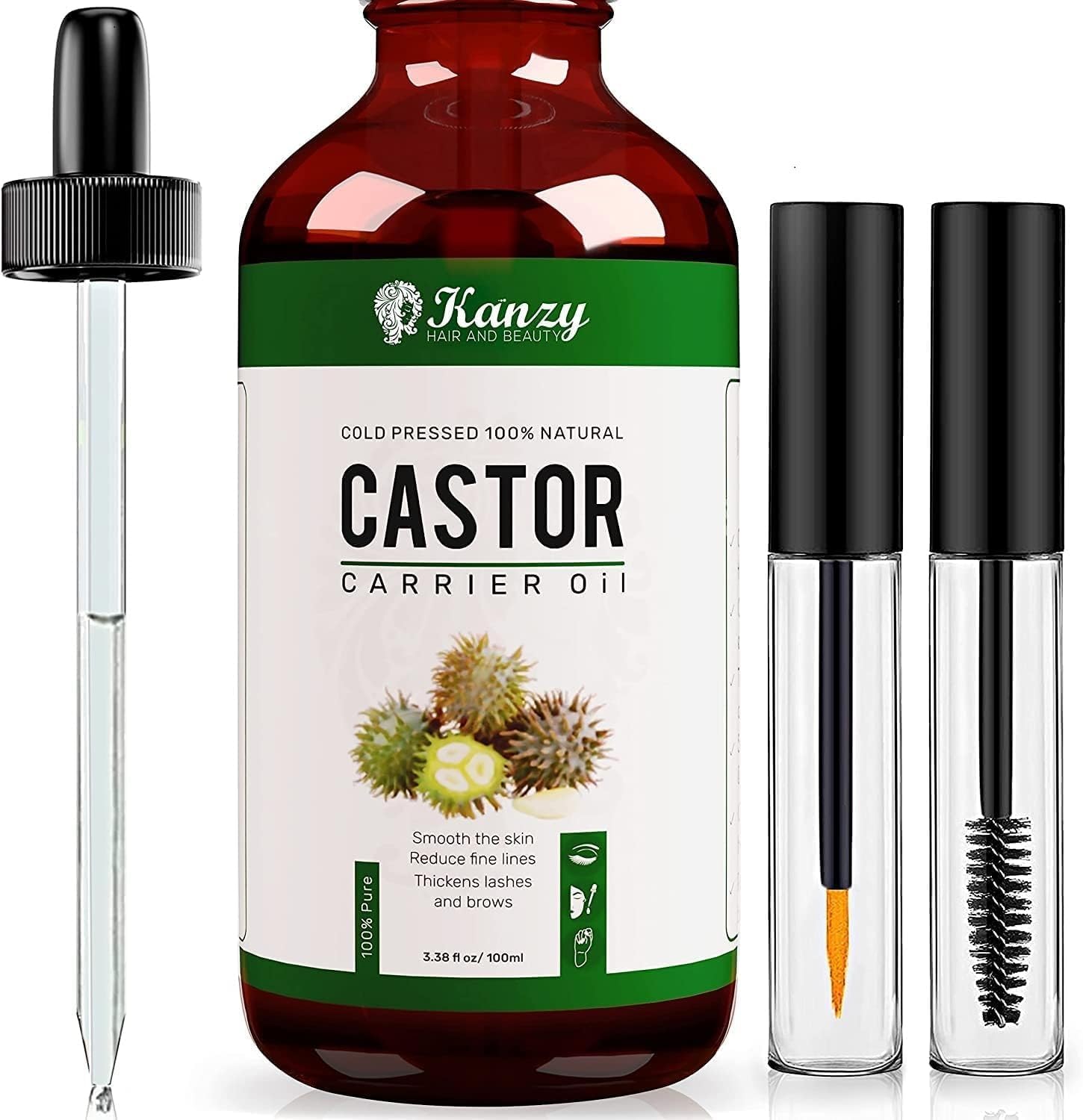 Kanzy Castor Oil for Eyelashes and Eyebrows 100ml Cold Pressed Castor Oil for Hair Growth 100% Natural and Pure Oil with Brushes for Hair Beard