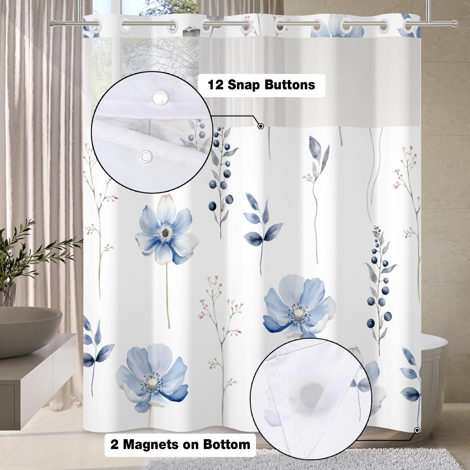DASHAN No Hook Shower Curtain with Snap in Liner, Watercolor Blue Floral Shower Curtains for Bathroom, Decorative Plants Cloth Bathroom Curtain Hotel Fabric Bath Curtains 71"x74"