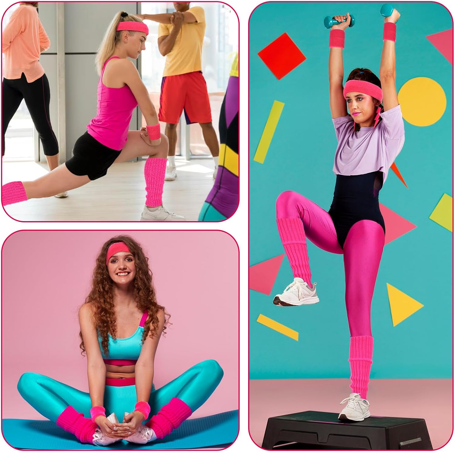 Neon Leg Warmers for Women Headband Wristbands, 90s Pink Leg Warmers Sweatband Set, 80s Workout Outfit for Women Girls Athletic Sports Yoga(Light Pink+Deep Pink) - Image 6