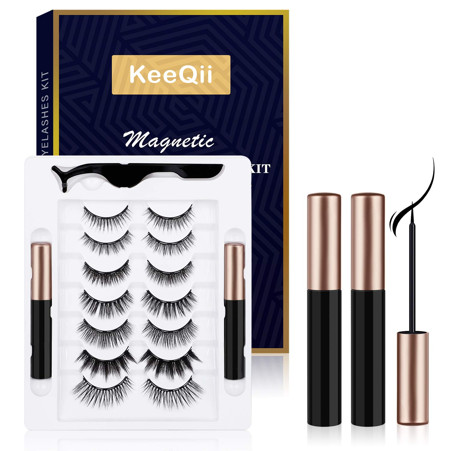 KeeQii Magnetic Eyelashes with Eyeliner Kit, 7 Pairs Magnetic Eyelashes and Eyeliners with Natural Look,Reusable Magnetic Eyelashes with Tweezers Inside,Waterproof and No Glue Needed