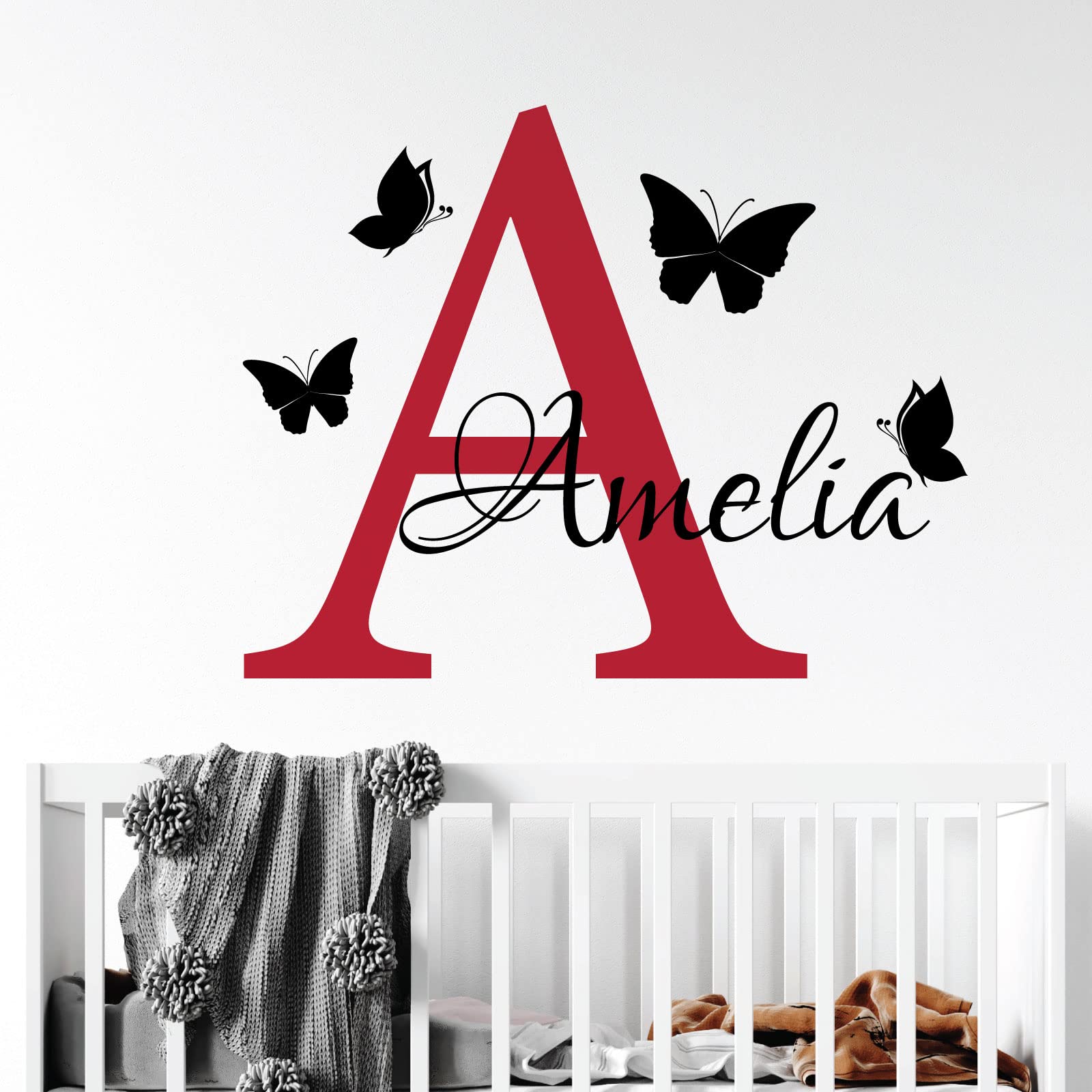 Personalised Name - Initial Letter and Butterflies - Baby Nursery Vinyl Wall Decal Sticker [Medium] [Cherry] — image 1
