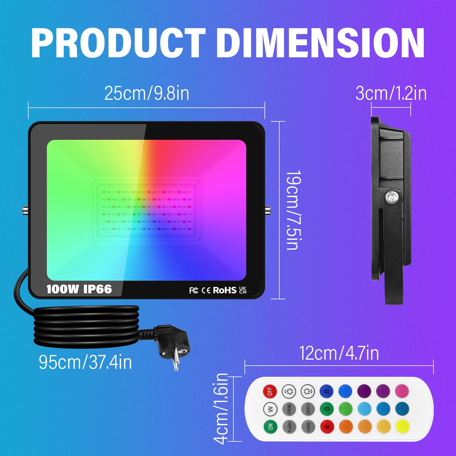 PICAA 2 Piezas 100W Foco Led RGB Exterior, 10000LM APP Control Remoto Proyector Led, Cambio de Color RGBW Estroboscópico, Luz de Pared para Jardín, Fiestas, Terraza