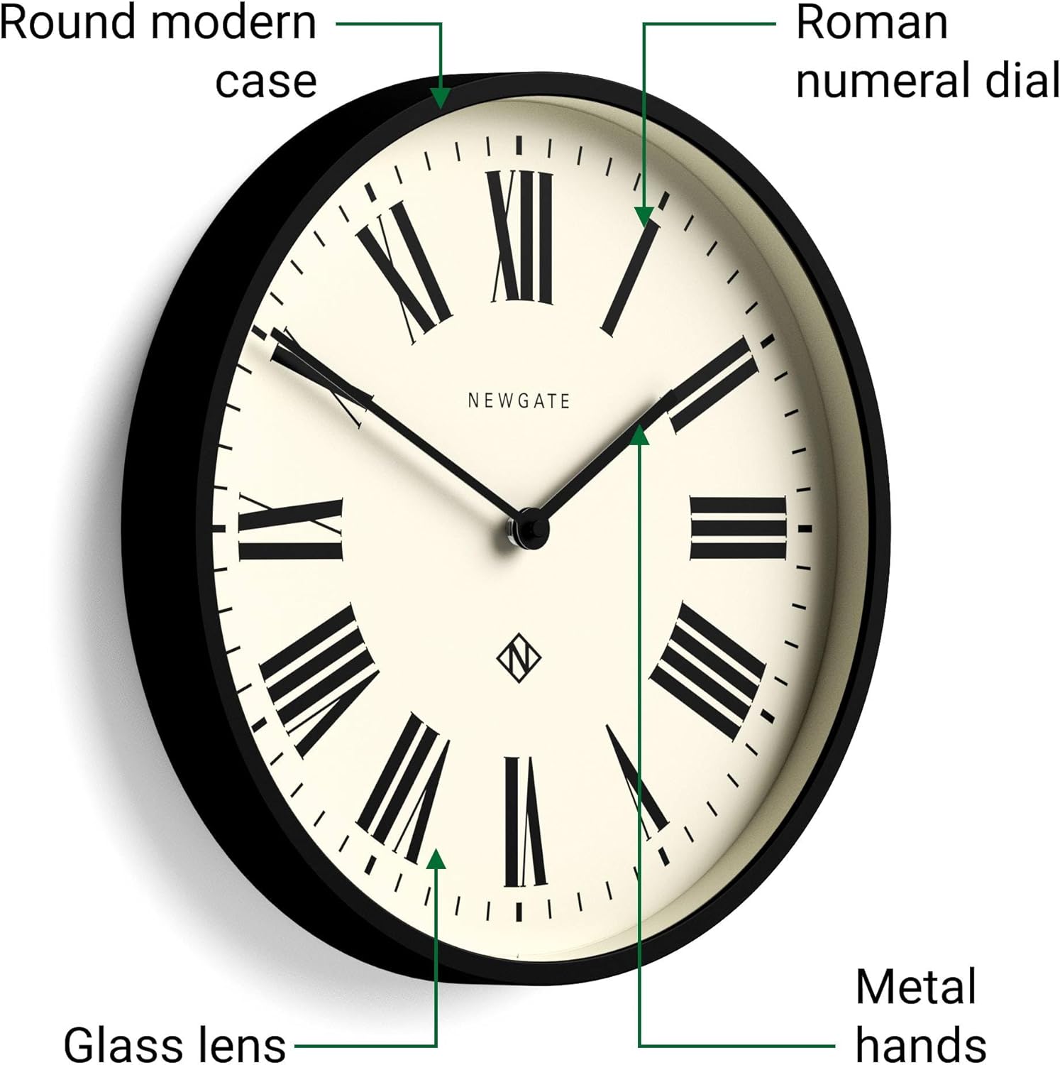 NEWGATE® Italian Wall Clock | Modern Round Clock | 37cm | Black | Roman Numerals | Ideal for Kitchen, Living Room or Office