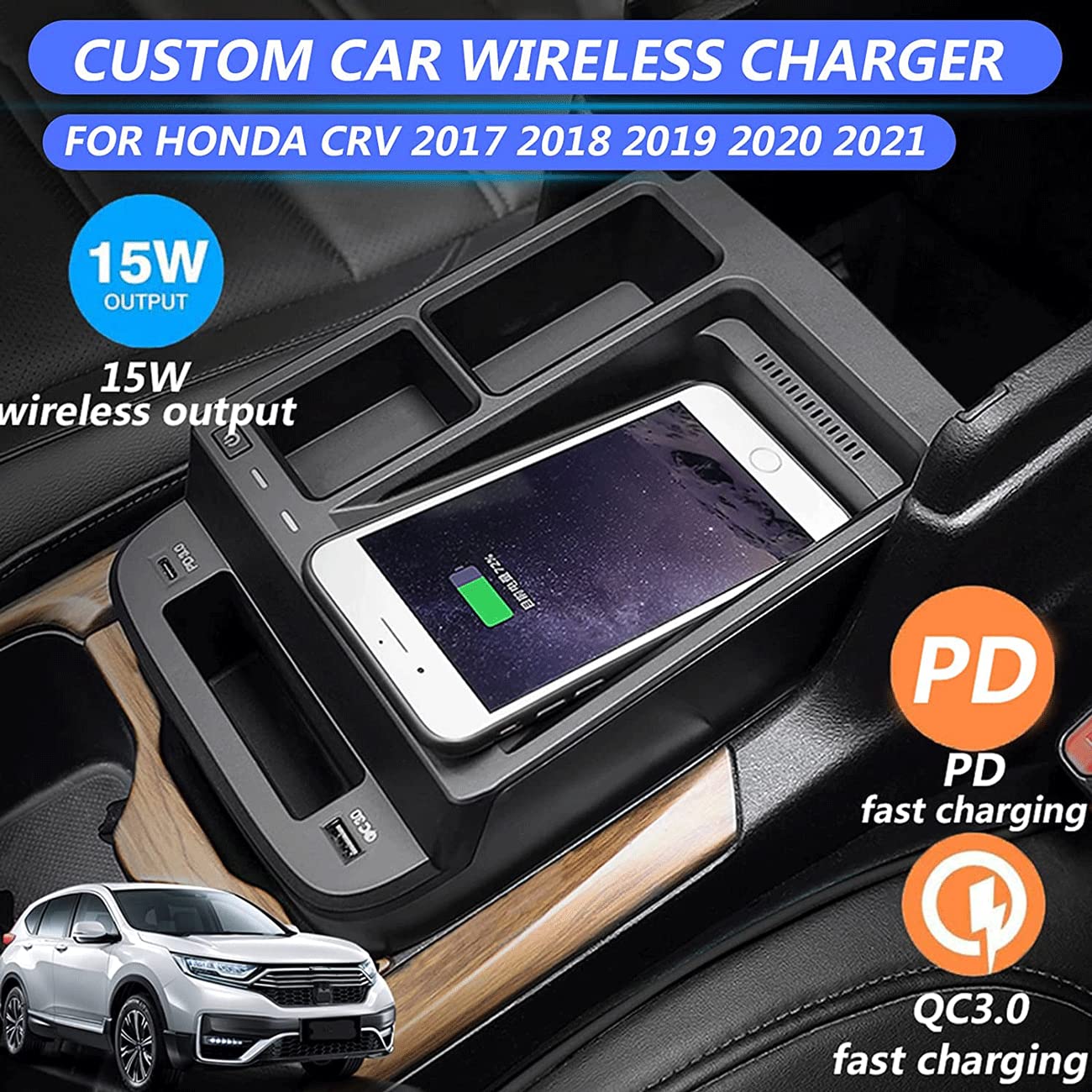 XLARSH Car Wireless Charger Mount Fit for CRV 2017-2021 Center Console Accessory Panel, Qi 15W MAX, with QC3.0 USB Port Compatible for All Qi Phone