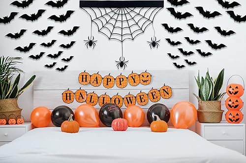 Miniatura 6 de Decoración de pared de telaraña de fieltro para Halloween, murciélagos 3D, decoraciones de Halloween con 48 piezas de 4 tamaños, decoraciones de