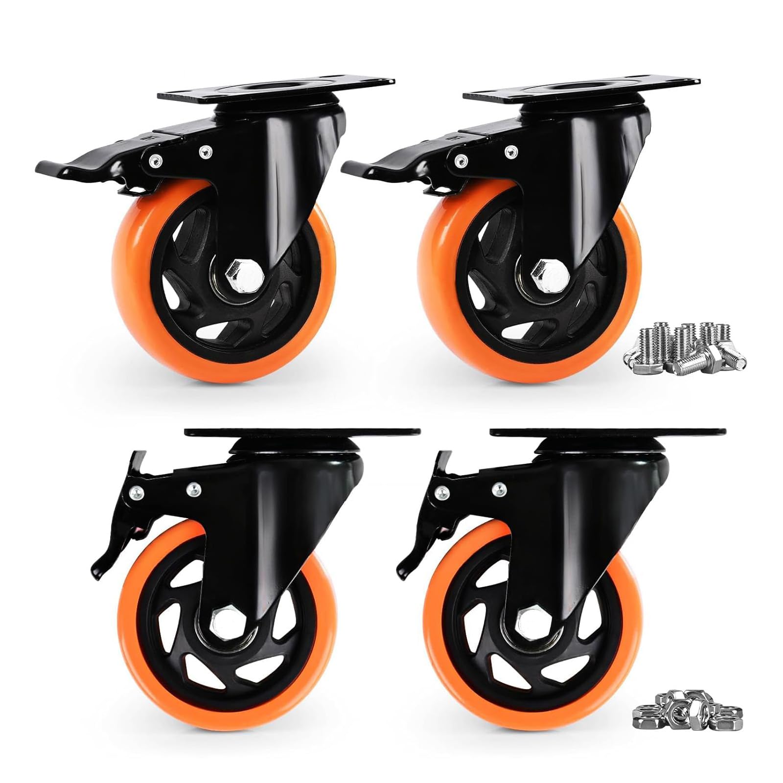 Nfbcxutkw 4 Caster Wheels, Inch Heavy Duty Casters Set Of Locking Swivel Polyurethane Casters Wheels For Cart, Furniture And Workbench, Orange