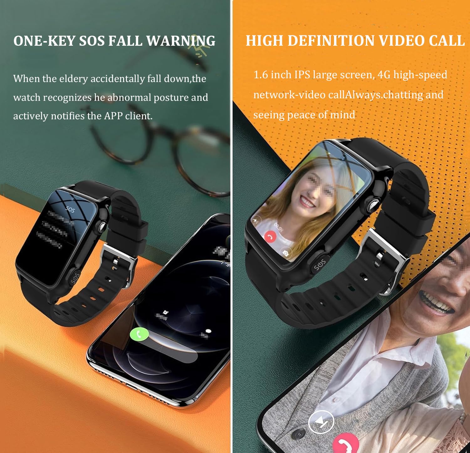 Smartwatch Z Czujnikiem Upadku Dla Osób Starszych, 1,6-Calowy, Wodoodporny Zegarek Gps Z Funkcją Sos I Połączeniami Wideo HD,Dla Osób Z Demencją I Chorobą Alzheimera Black