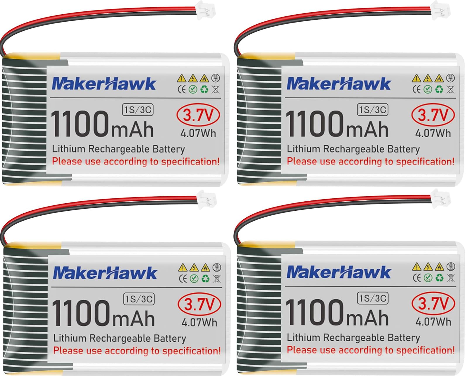 MakerHawk 3.7V 1100mAh LiPo Battery 102540 Rechargeable 1S Lithium Polymer Battery with Protection Board Insulated Rubber Tape, Micro JST 1.25 Plug for Arduino ESP32 Development Board (4 Pack)
