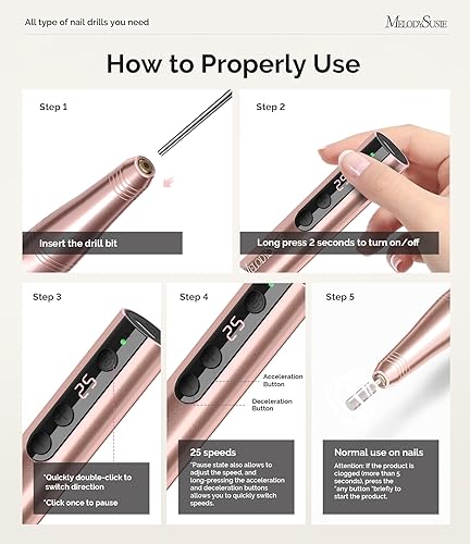 Miniatura 5 de MelodySusie Kit de taladro eléctrico inalámbrico 11 en 1, 25,000 rpm, juego de archivos de uñas recargables portátiles para uñas de gel acrílico, 25