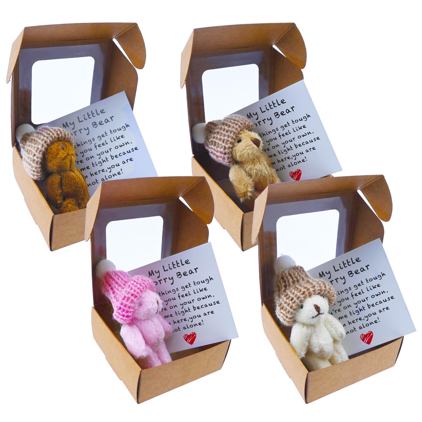 Lanstorm 4 Pcs Worry Bear Hug in a Box, A Little Pocket Bear Hug, Mini Plush Teddy Bears with Inspirational Card