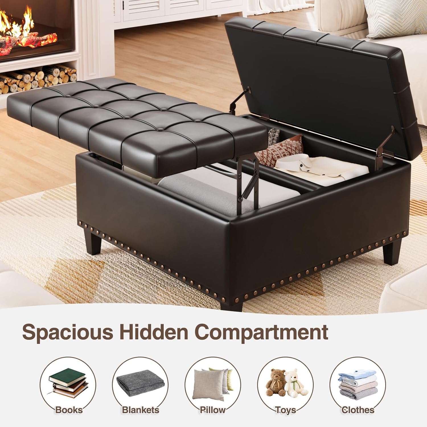 Square Leather Ottoman with Storage, Faux Leather Coffee Table with Lift Top,Large Upholstered Footrest Stool Toy Box Storage Bench for Bedroom Living Room, Black