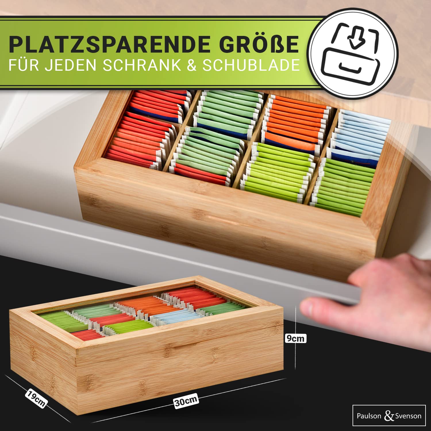 Paulson & Svenson - Boîte à thé durable avec 8 compartiments en bois - Rangement hermétique en bambou certifié - Organiseur de thé avec fermeture magnétique et couvercle en verre - Rangement des