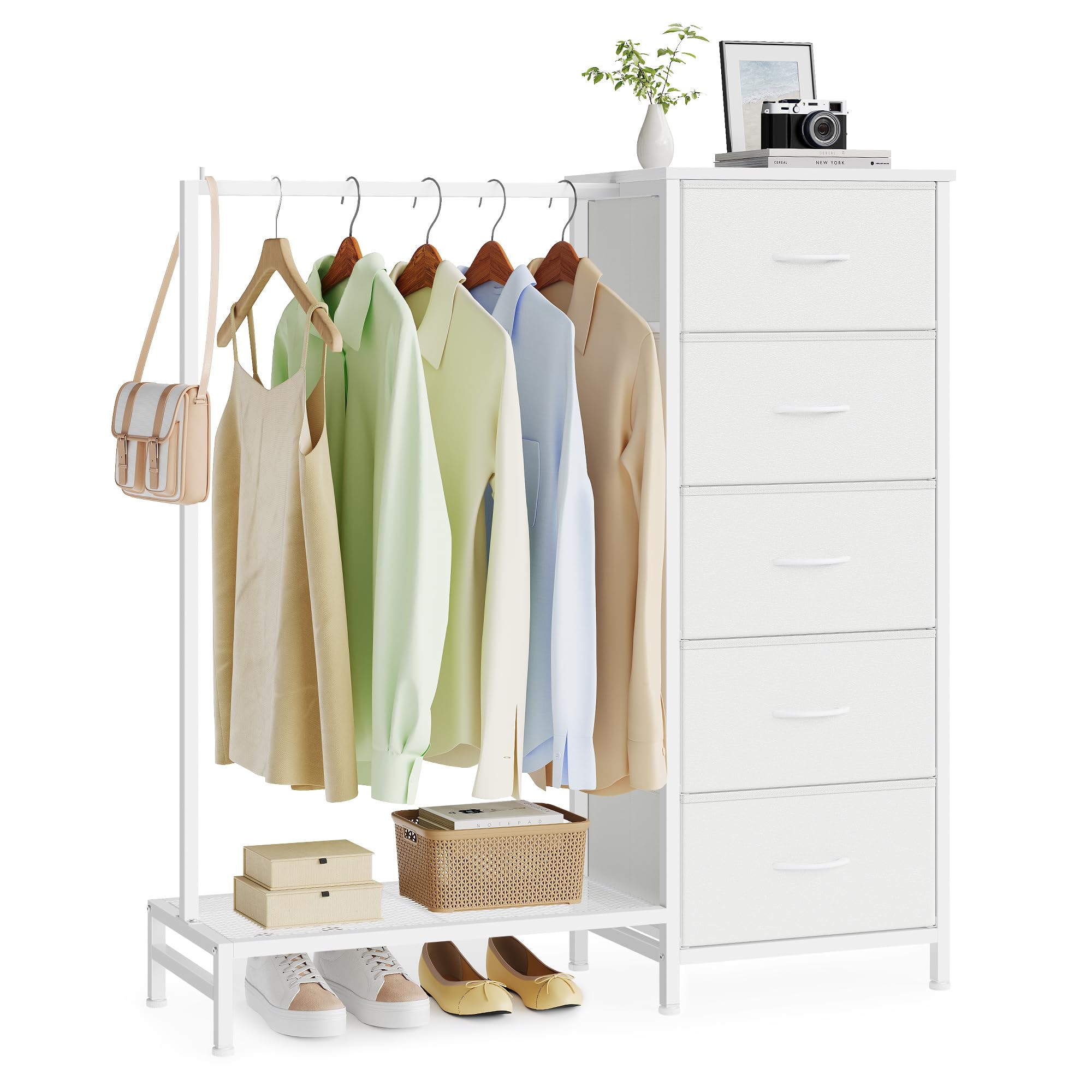 SONGMICS Wieszak na Ubrania z 5 Szufladami, Otwarta Szafa z Drążkiem i Półką na Buty, Organizer do Sypialni i Przedpokoju, 96,2 x 30 x 117,7 cm, Chmura Biała, Kolekcja BELLAH LGS423W101