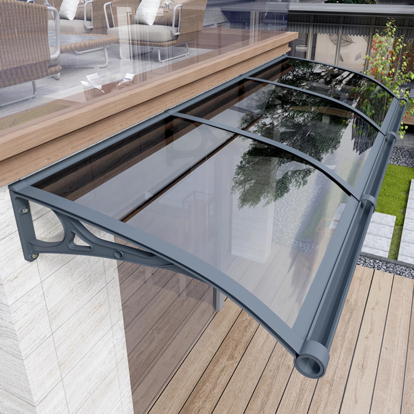 Toldo para puerta, cubierta gris de policarbonato, refugio de techo resistente para patio y puertas, soporte de aluminio resistente a los rayos UV, protege de la lluvia, nieve y viento (60 x 340 cm)