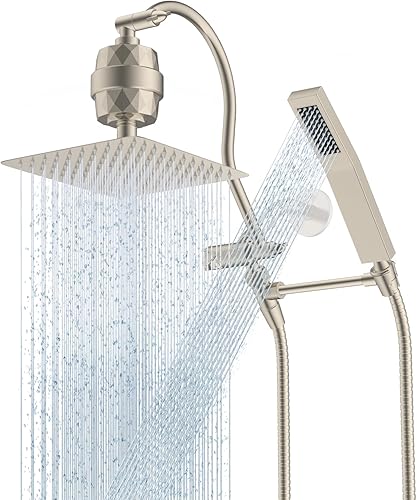 Hibbent All Metal - Cabezal de ducha filtrado de 10 pulgadas, varita de ducha de mano de alta presión, brazo de extensión ajustable de 12 pulgadas,