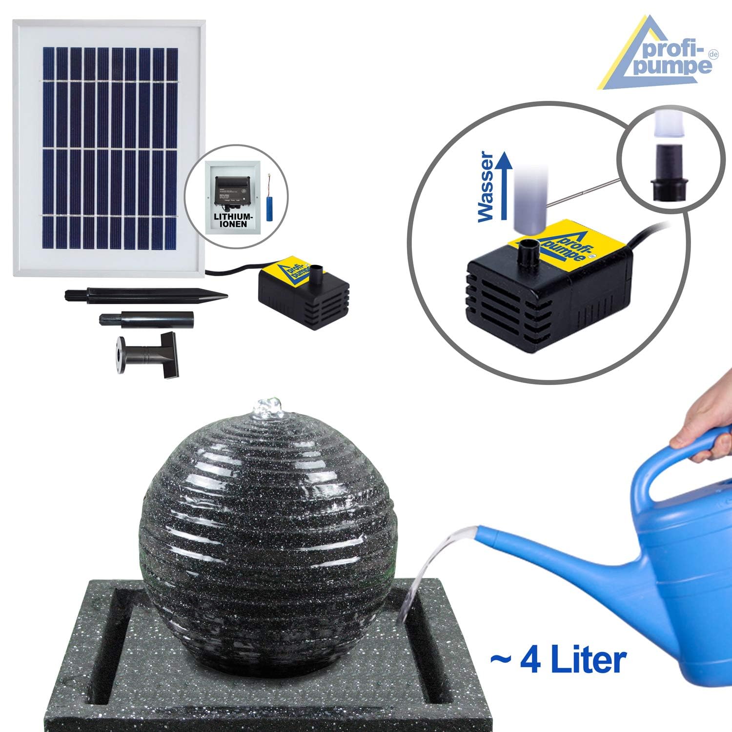 Fuente DE JARDÍN Solar ELEGANTIA Fuente DE Agua con luz LED y batería de Litio Fuente para terraza y Balcon