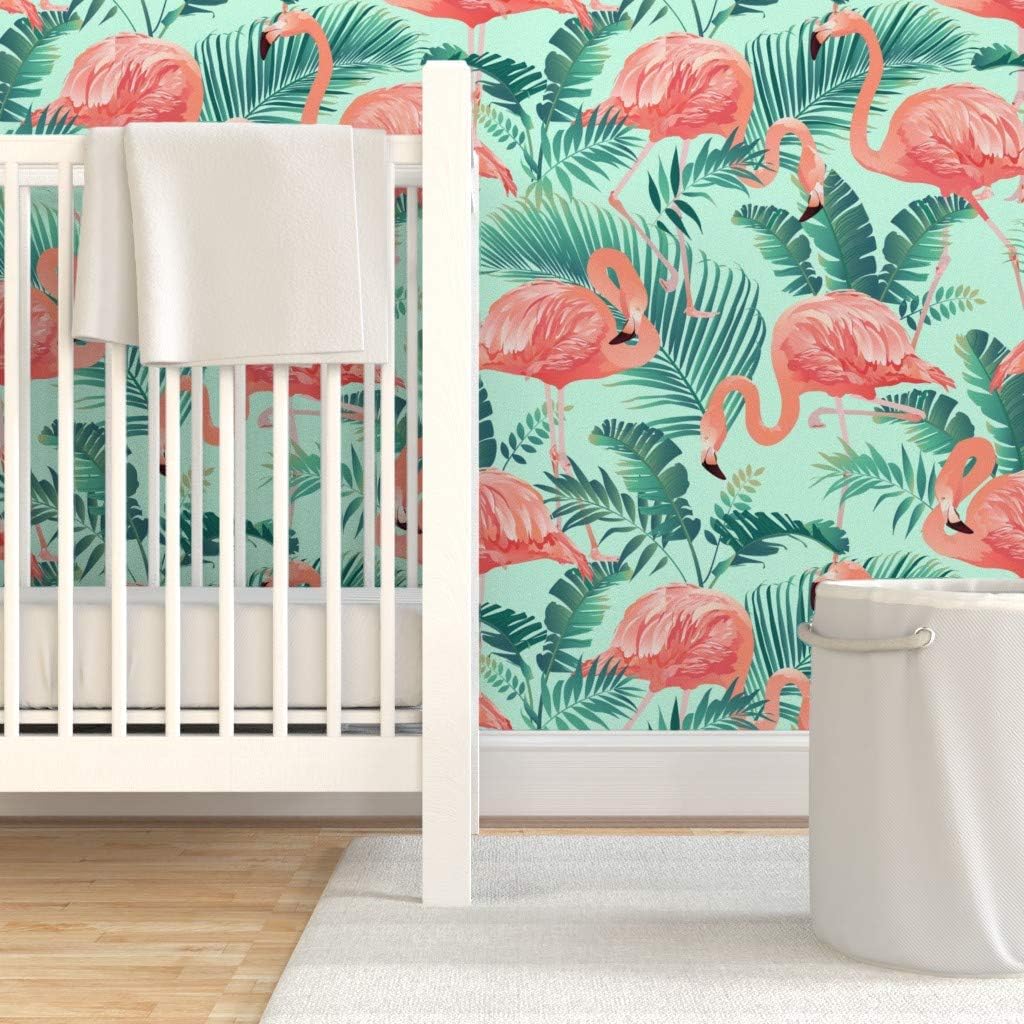 Peel & Stick Wallpaper 9ft x 2ft - Pink Flamingos Teal Tropical Birds Plants Flamingo Bird Jungle Mint Custom Removable Wallpaper by Spoonflower