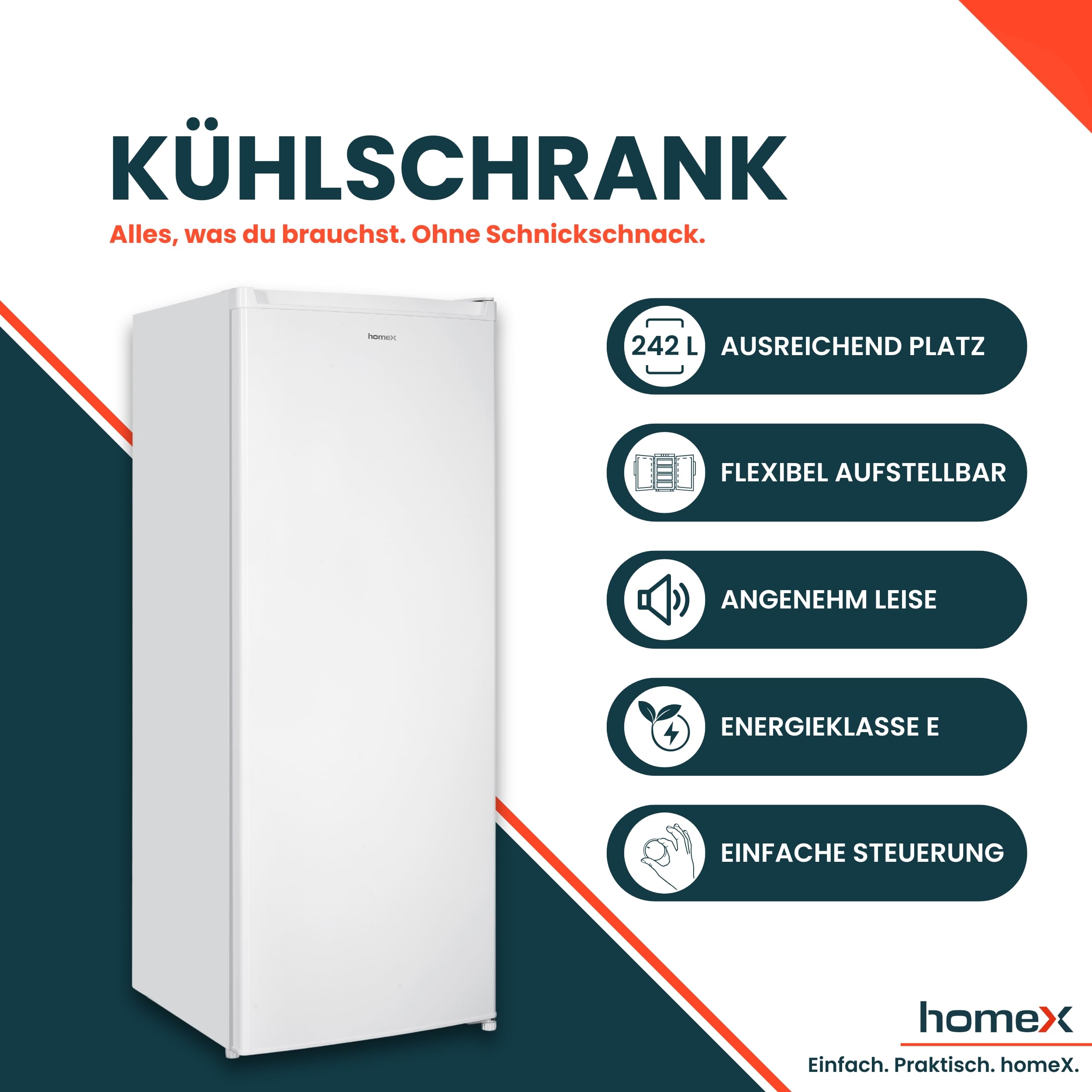 homeX CS2422E-W Kühlschrank ohne Gefrierfach groß 242 Liter freistehend | Vollraumkühlschrank, leiser Standkühlschrank, Fridge, Getränkekühlschrank, 5 Ablagen, LED-Beleuchtung, 143 cm hoch, weiß