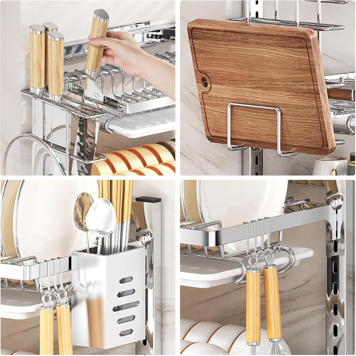 Estante para platos montado en la pared con bandeja de goteo extraíble de acero inoxidable, colgante, plegable con soporte para vasos y estantes para cuencos, escurridor de platos para la cocina