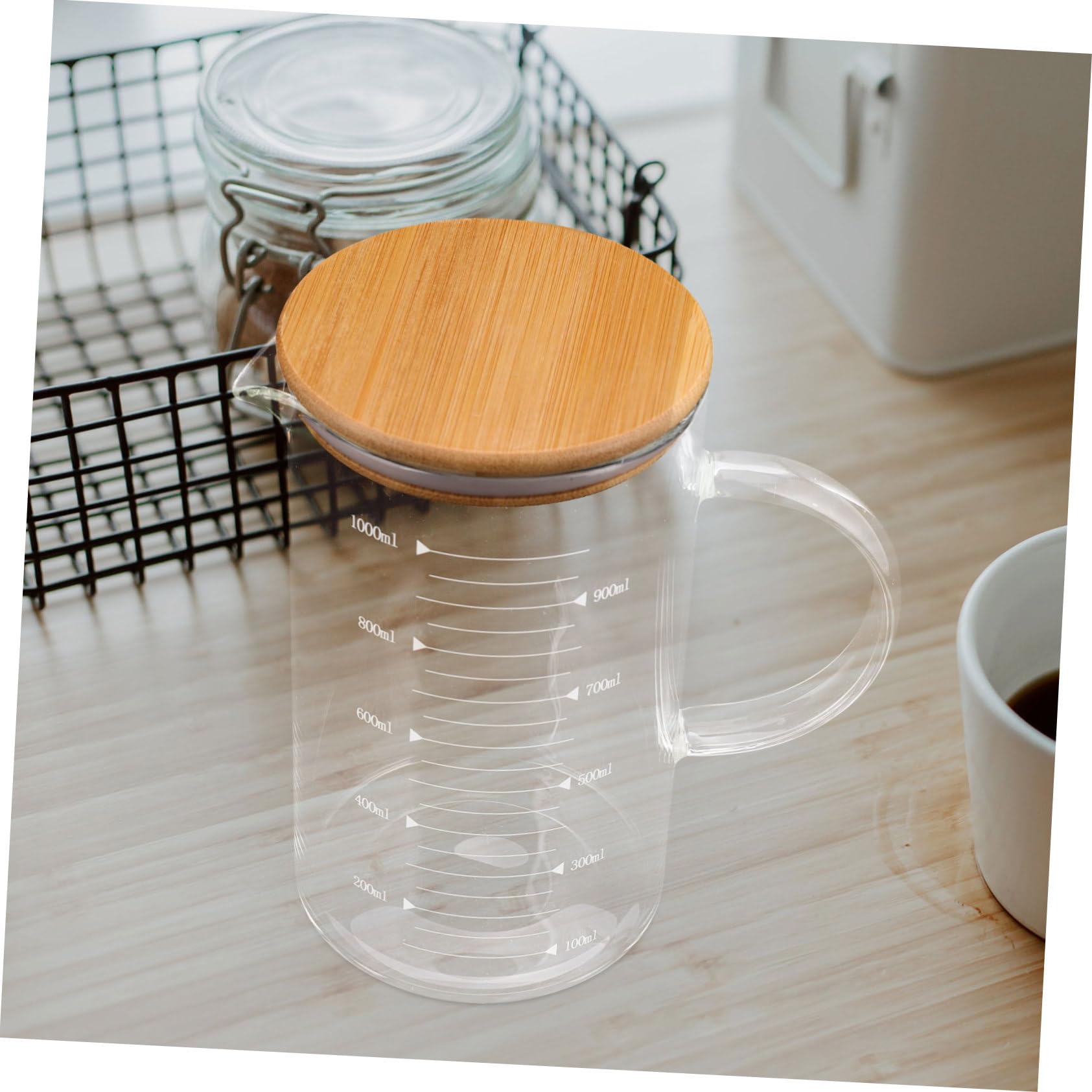 Glasmessbecher mit Deckel 1000ml aus Glas und Holz, mit Griff