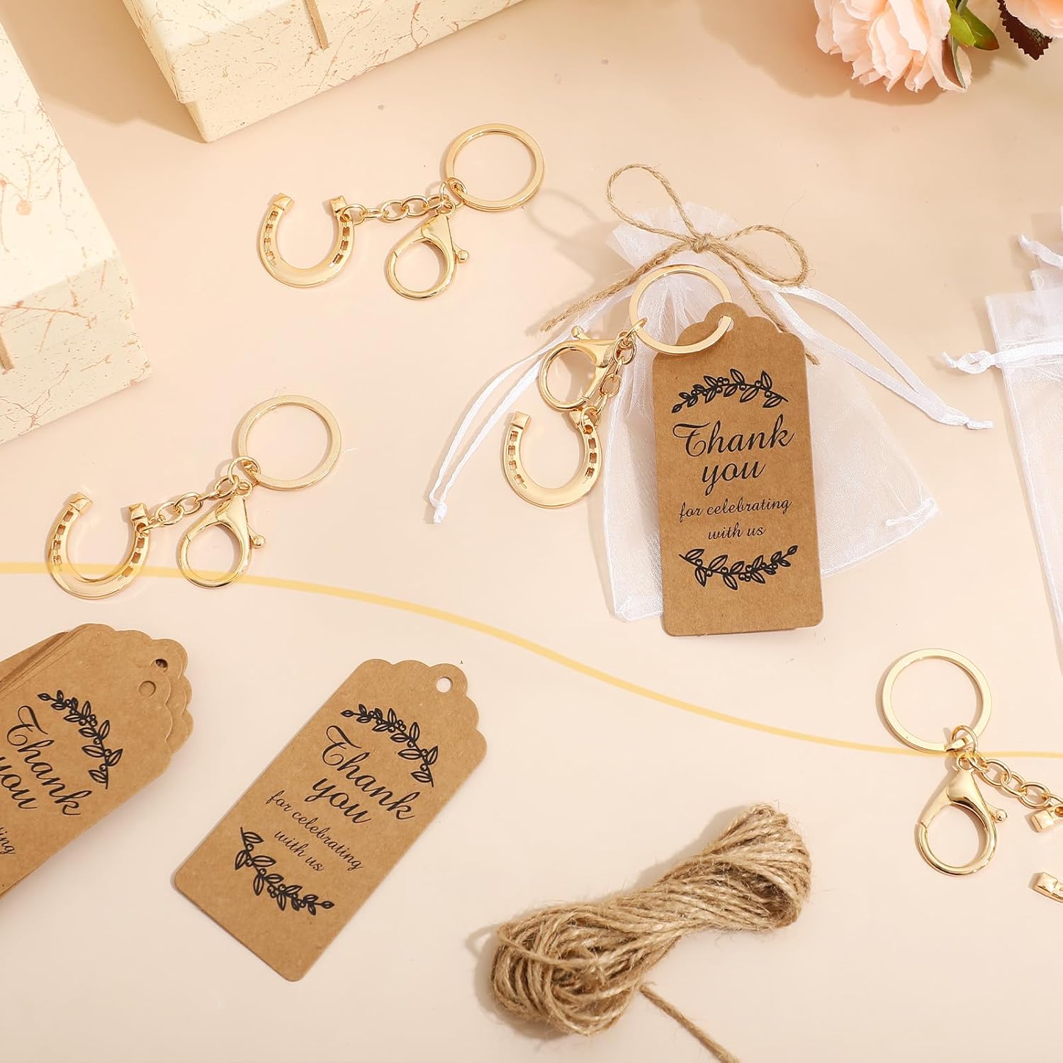 Ecation 20 Set Western Horseshoe Keychain Party Favor Bulk Cowboy Horse Shoe Keyring Purse Bag Charm with Organza Bags & Thank You Tags for Guest Horse Racing Bridal Wedding Gift(Small,Golden)