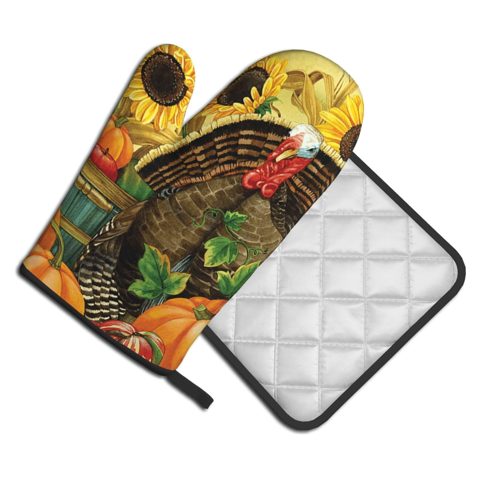 Oven Mitts and Pot Holders Set of 2 Pcs, Thanksgiving Turkey Pumpkin Printed Heat Resistant Kitchen Gloves Potholders for Cooking Baking Grilling