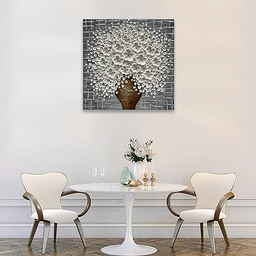 Miniatura 6 de Epicler - Pintura al óleo moderna abstracta 3D pintada a mano, pintura al óleo moderna de 24 x 24 pulgadas, pintura de flores blancas, pintura de