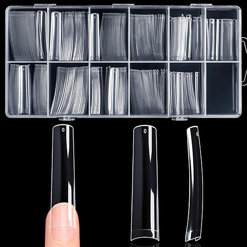 krofaue Extra Long C Curve Nail Tips - 330PCS Half Cover Lady French Style Acrylic Artificial Tip 11 Sizes XXL Long Straight Square Nails Professional Clear False Nails Tips for Nail Salons Home DIY