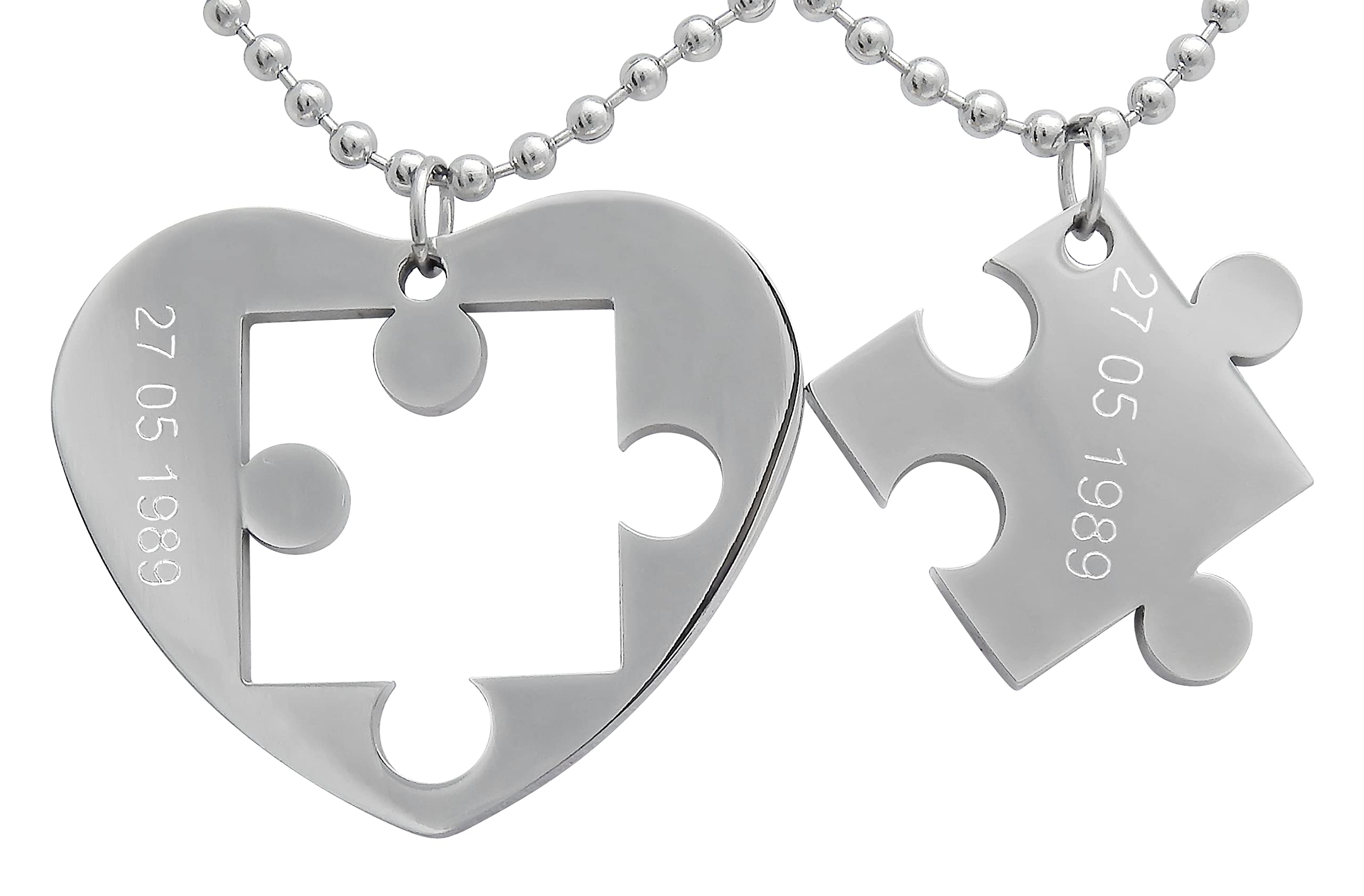 2 Stück Personalisierte Kette mit Gravur Edelstahl 60 cm mit Anhänger Herz Puzzle in silber - Personalisierte Geschenke für Damen Herren Freundin Freund - Partner Halskette für Sie und Ihn
