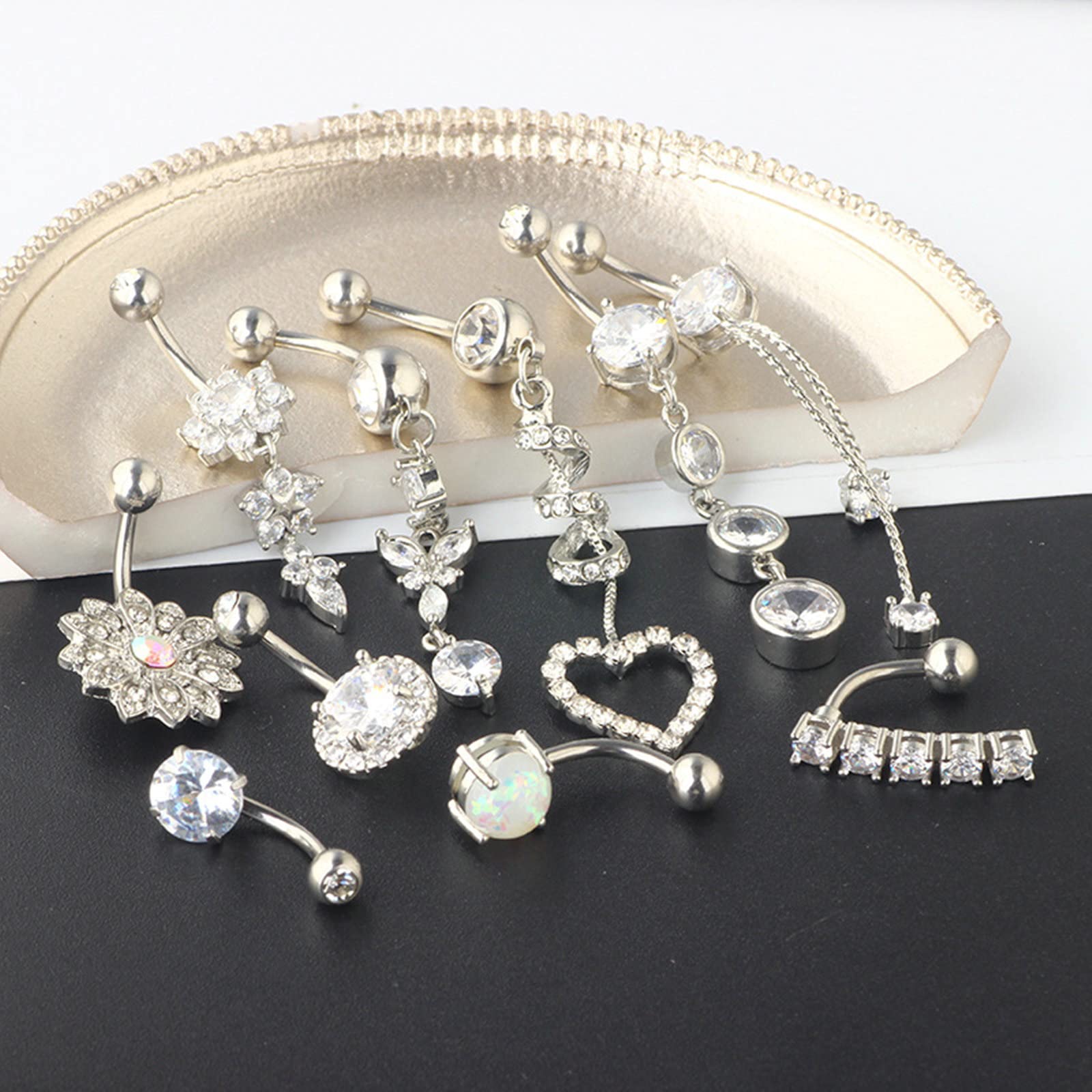Gualiy 10 Pezzi 316L Acciaio Inossidabile Piercing Ombelico, Piercing Estivi Ombelico Fiore e Rotondo Zirconia Cubica Ciondola Piercing Gioielli