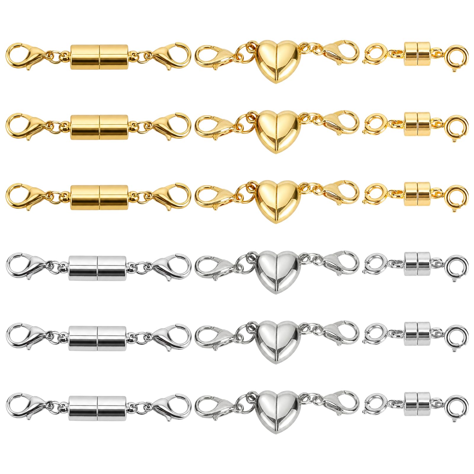 18 Pcs Magnetic Necklace Clasps, 3 Styles, Extender, Gold, Silver, Alloy