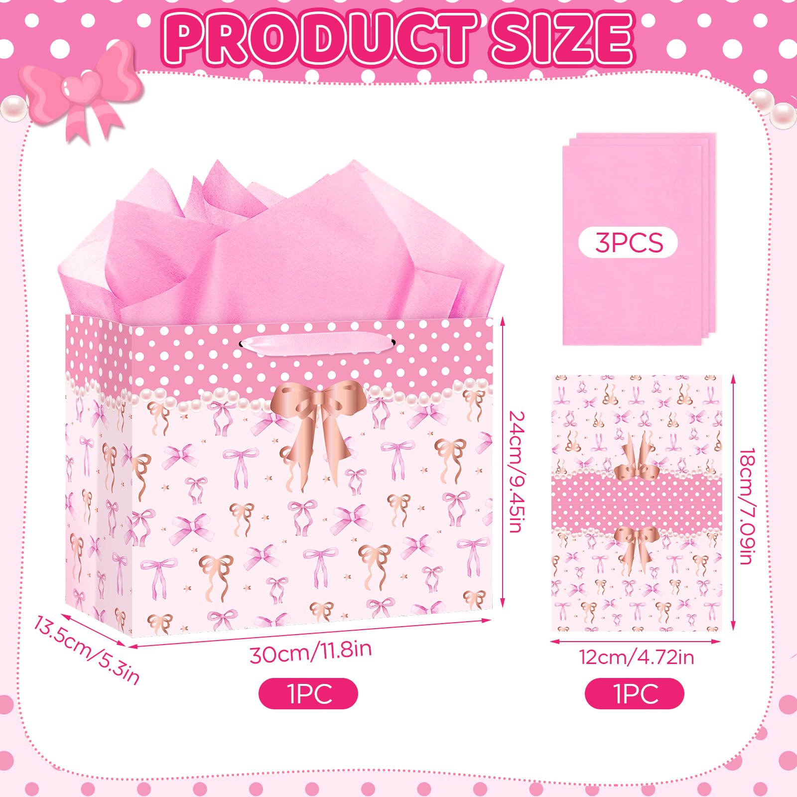 Neptniopllab Bow Birthday Gift Bag,Pink Bow Wrapping Paper Gift Bag BowKnot Party Decoration with Card and Tissue Paper for Women Birthday Valentine's Day Wedding Baby Shower Party Supplies