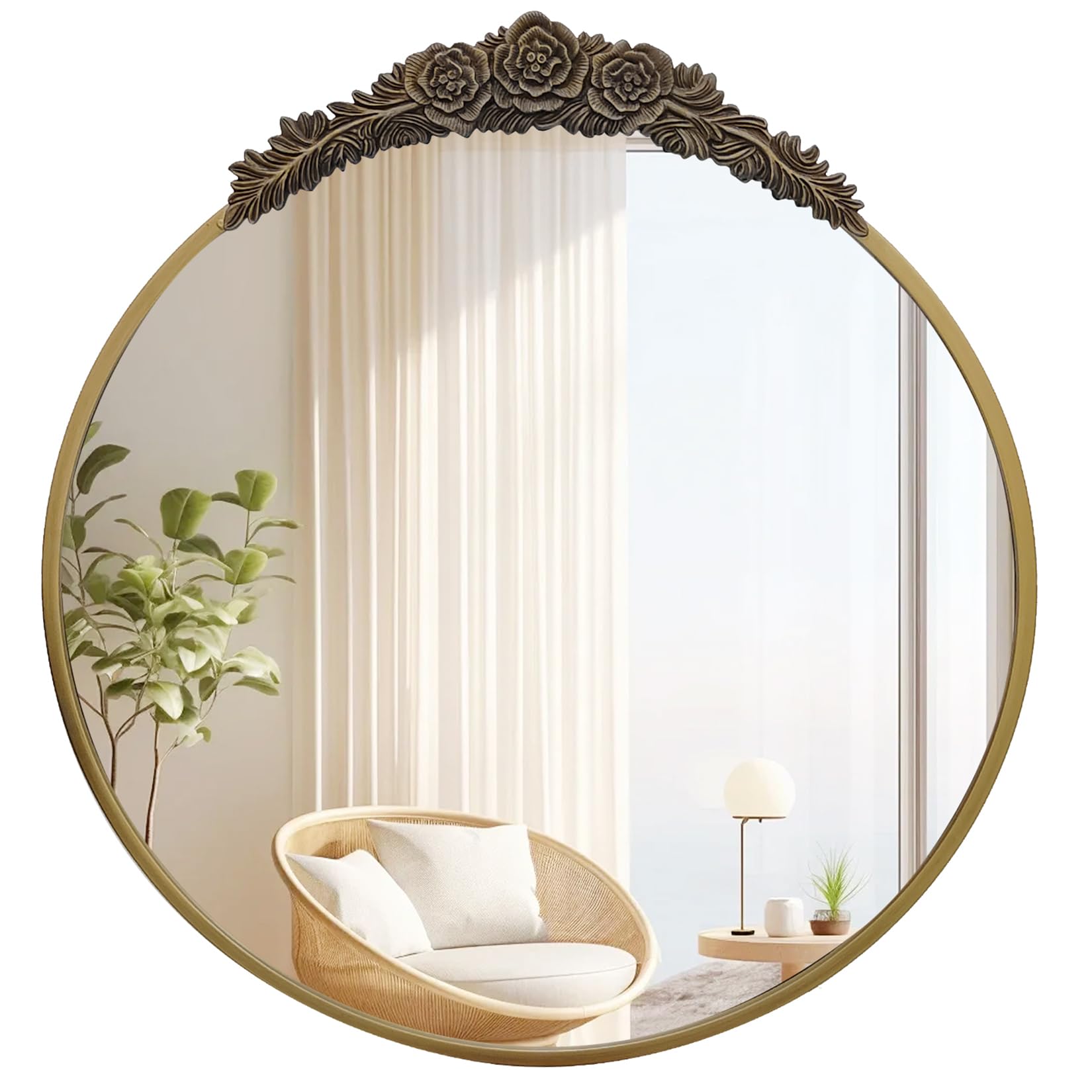 Artloge Espejo de Pared de Baño Dorado: Espejo Decorativo Redondo Vintage Barroco Grande de Marco Metal con Tallas para Entrada Recibidor Baño Dormitorio Pasillo 80cm